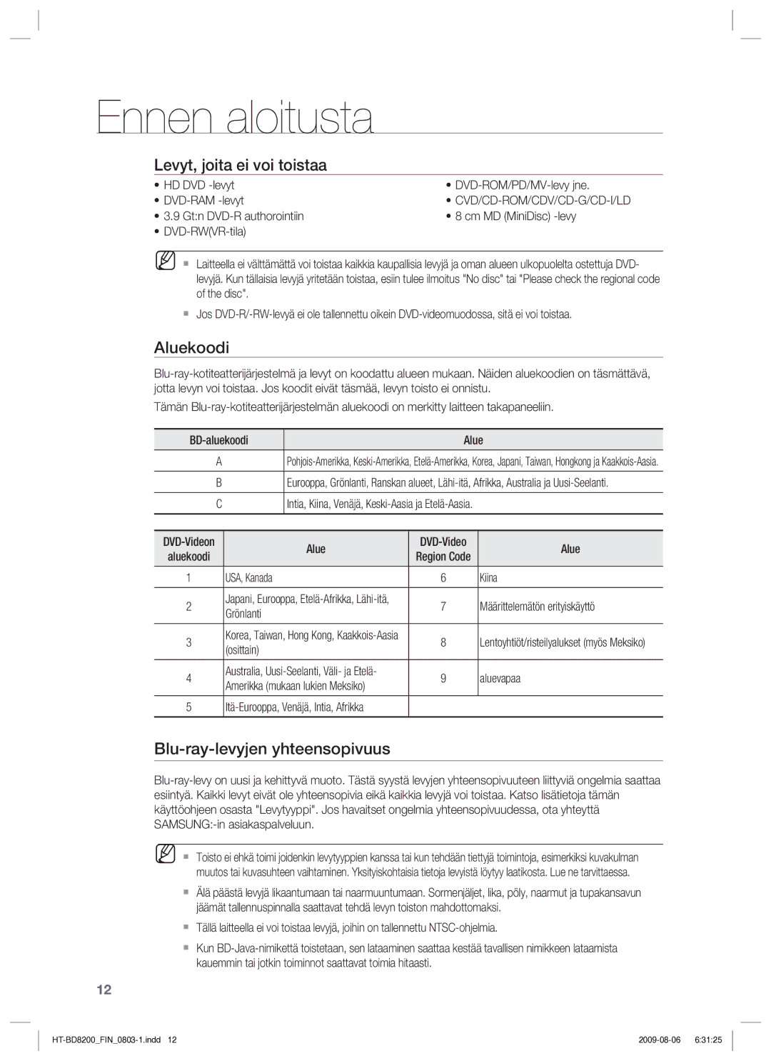 Samsung HT-BD8200T/XEE manual Levyt, joita ei voi toistaa, Aluekoodi, Blu-ray-levyjen yhteensopivuus 