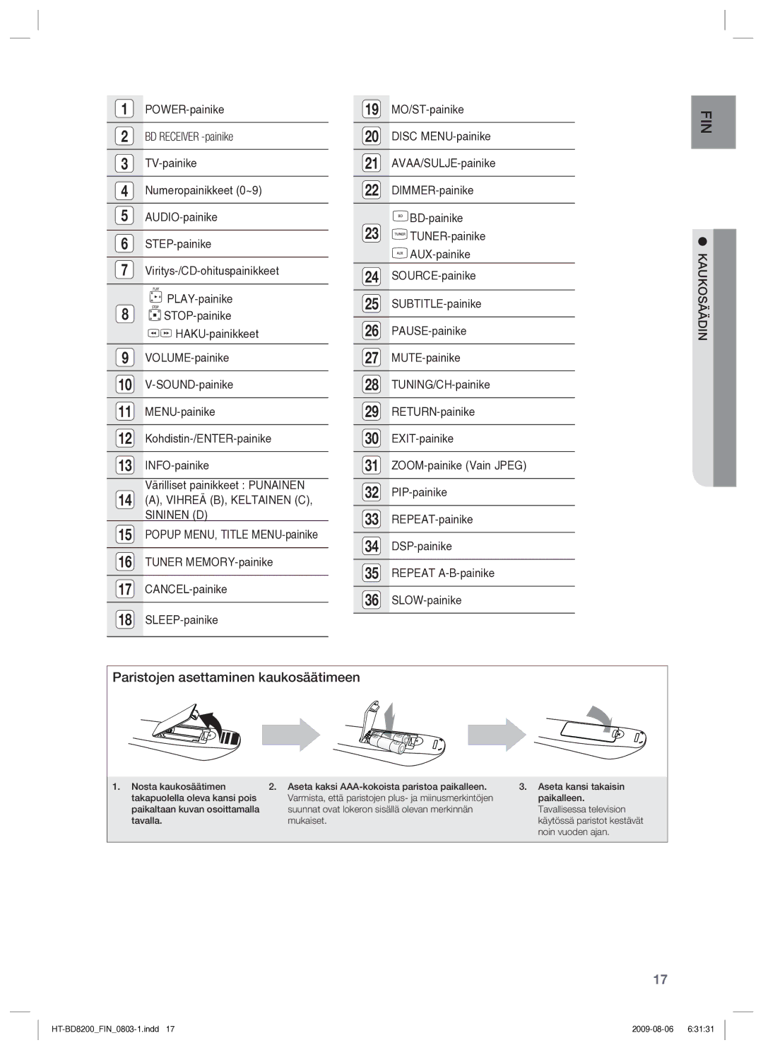 Samsung HT-BD8200T/XEE manual Paristojen asettaminen kaukosäätimeen, BD Receiver -painike, Kaukosäädin 