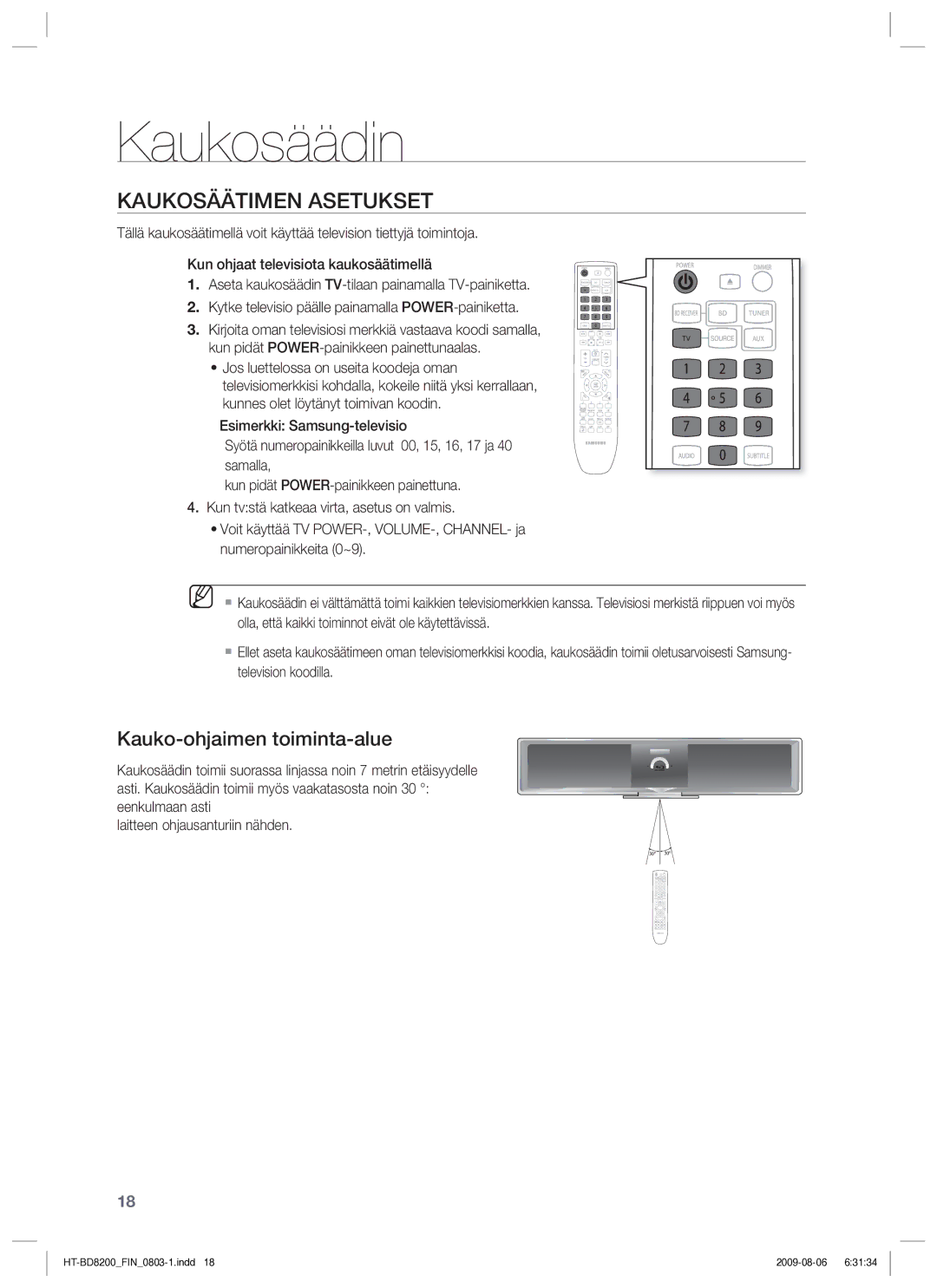 Samsung HT-BD8200T/XEE manual Kaukosäätimen Asetukset, Kauko-ohjaimen toiminta-alue 