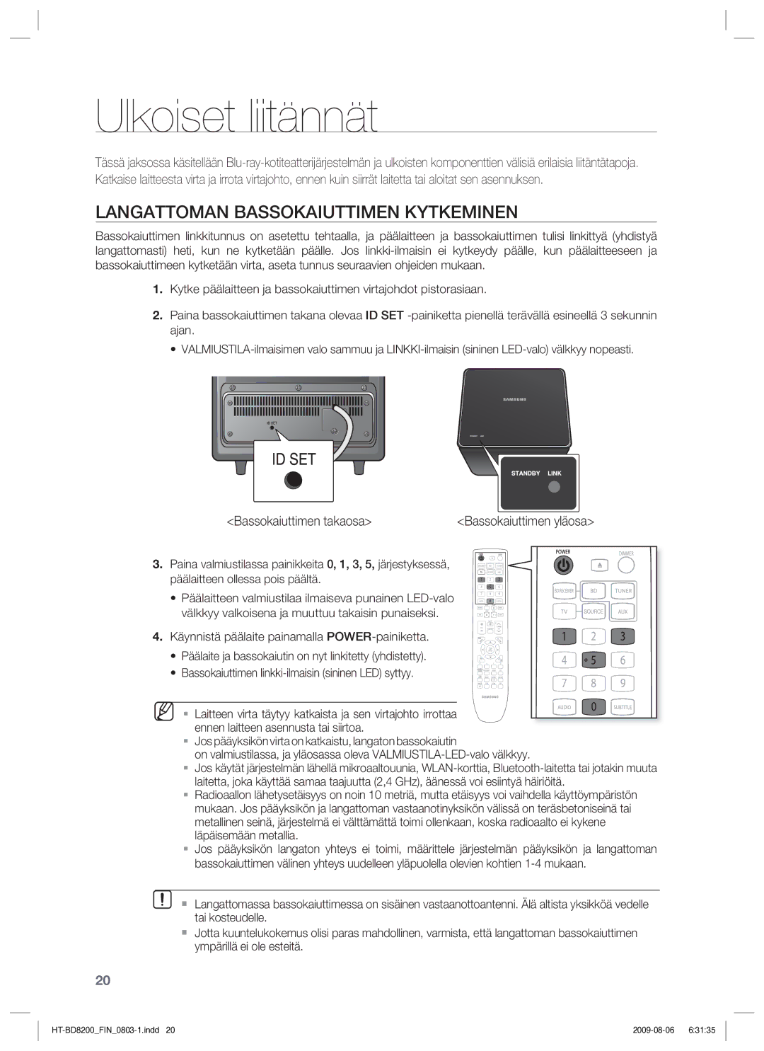 Samsung HT-BD8200T/XEE manual Ulkoiset liitännät, Langattoman Bassokaiuttimen Kytkeminen, Bassokaiuttimen takaosa 