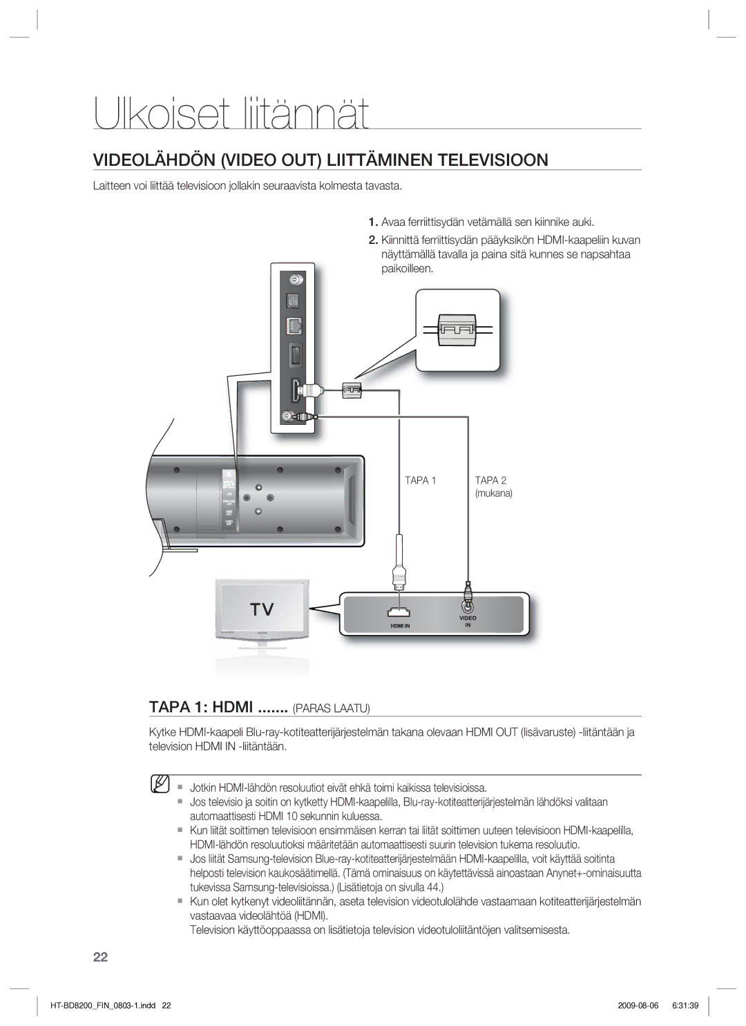 Samsung HT-BD8200T/XEE manual Videolähdön Video OUT Liittäminen Televisioon, Paras Laatu 