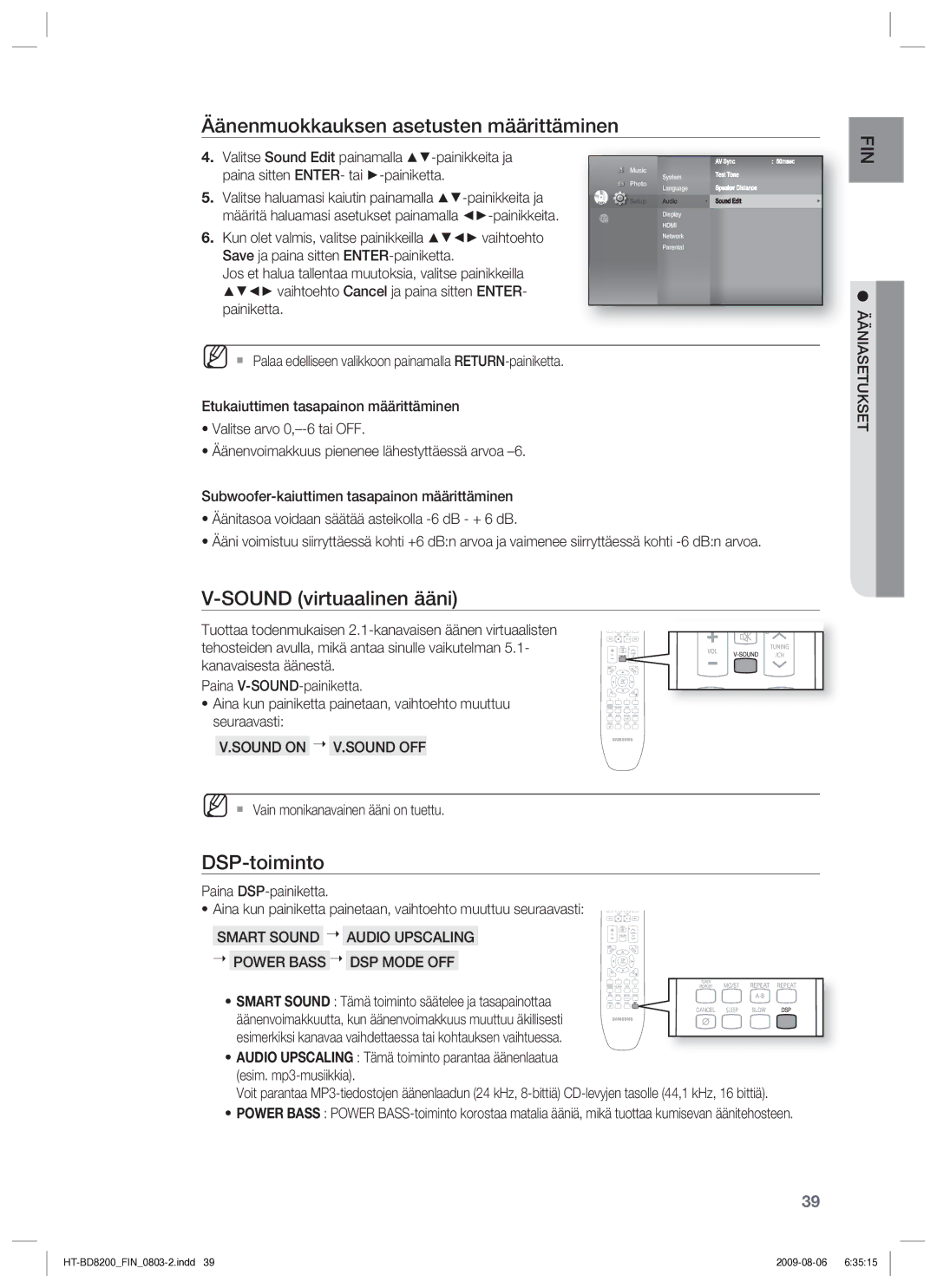 Samsung HT-BD8200T/XEE manual Sound virtuaalinen ääni, DSP-toiminto, Sound on V.SOUND OFF 