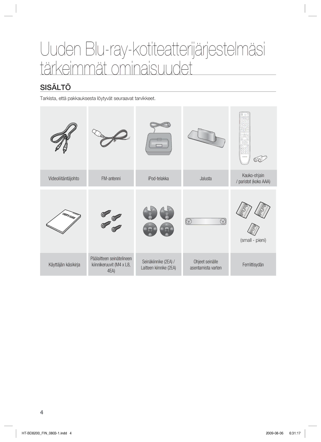 Samsung HT-BD8200T/XEE manual Sisältö, FM-antenni, IPod-telakka 