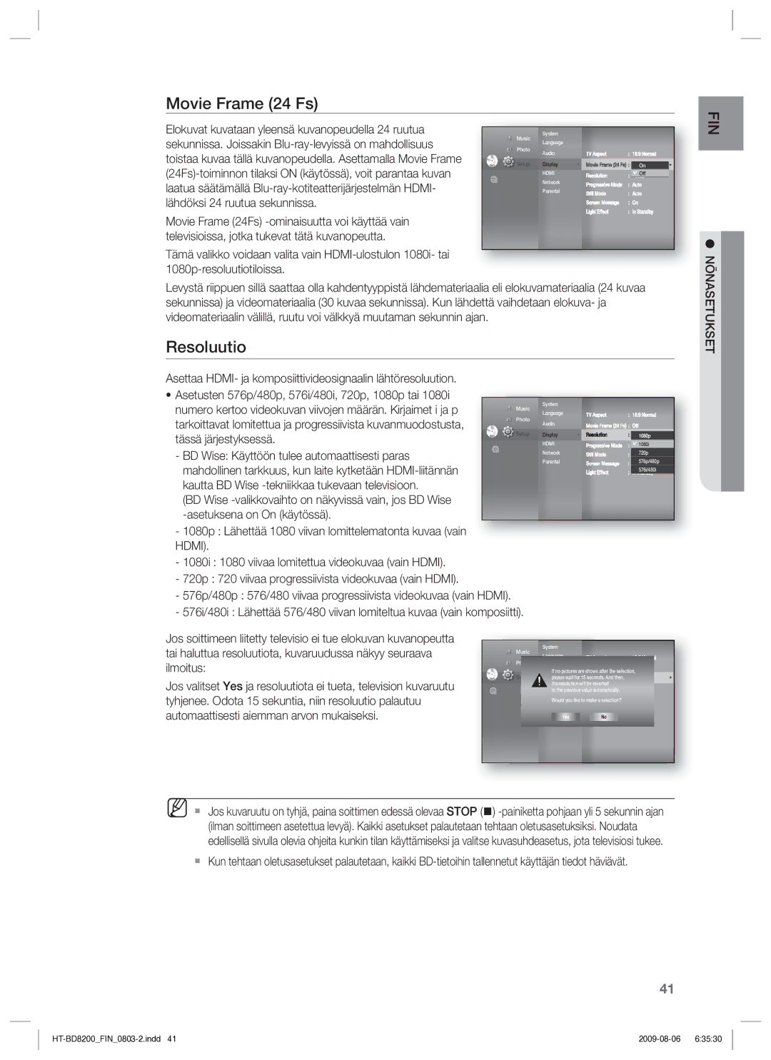 Samsung HT-BD8200T/XEE manual Movie Frame 24 Fs, Resoluutio 