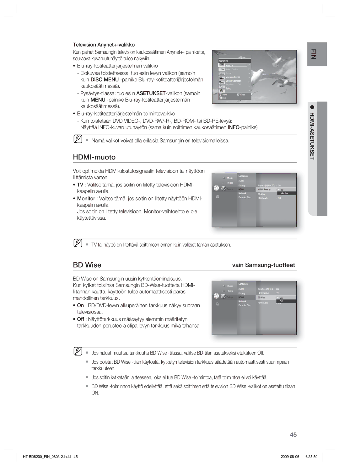 Samsung HT-BD8200T/XEE manual HDMI-muoto, BD Wise, Hdmi-Asetukset 