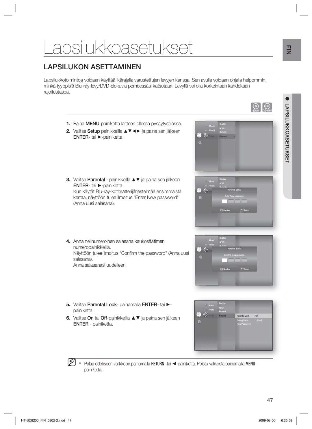 Samsung HT-BD8200T/XEE manual Lapsilukkoasetukset, Lapsilukon Asettaminen, Valitse Parental Lock- painamalla ENTER- tai 