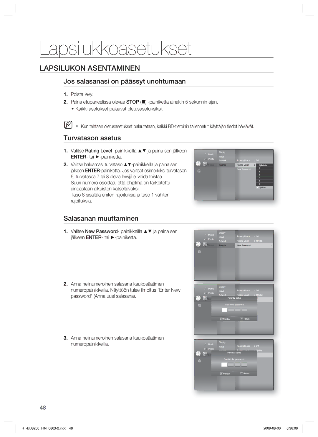 Samsung HT-BD8200T/XEE manual Lapsilukon Asentaminen, Jos salasanasi on päässyt unohtumaan, Turvatason asetus 