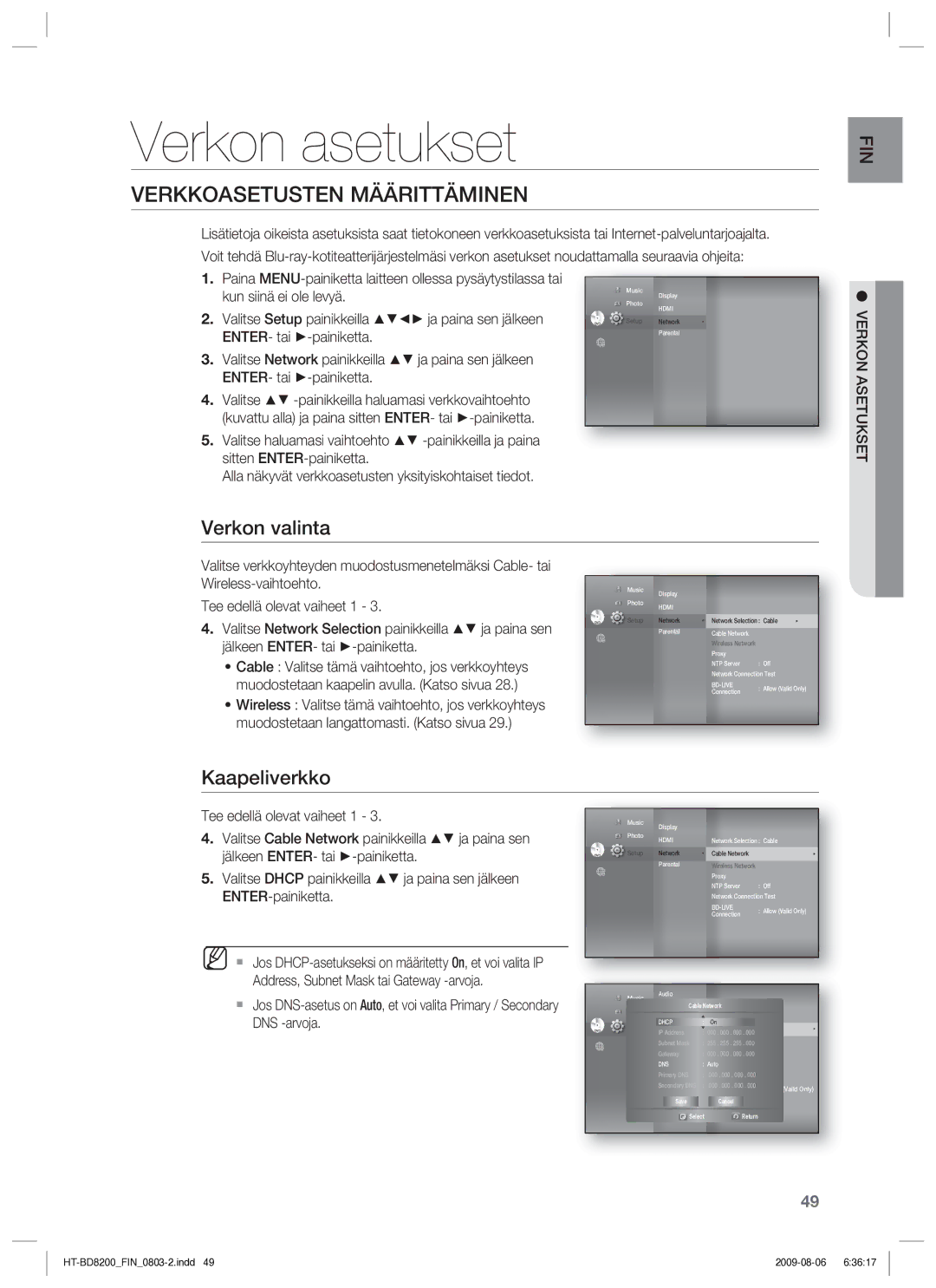 Samsung HT-BD8200T/XEE Verkon asetukset, Verkkoasetusten Määrittäminen, Verkon valinta, Kaapeliverkko, Verkon Asetukset 