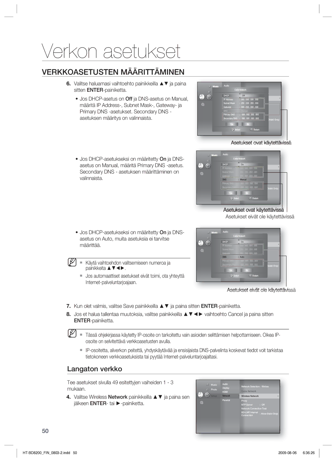 Samsung HT-BD8200T/XEE manual Langaton verkko, Asetukset ovat käytettävissä, Yes Select Return 