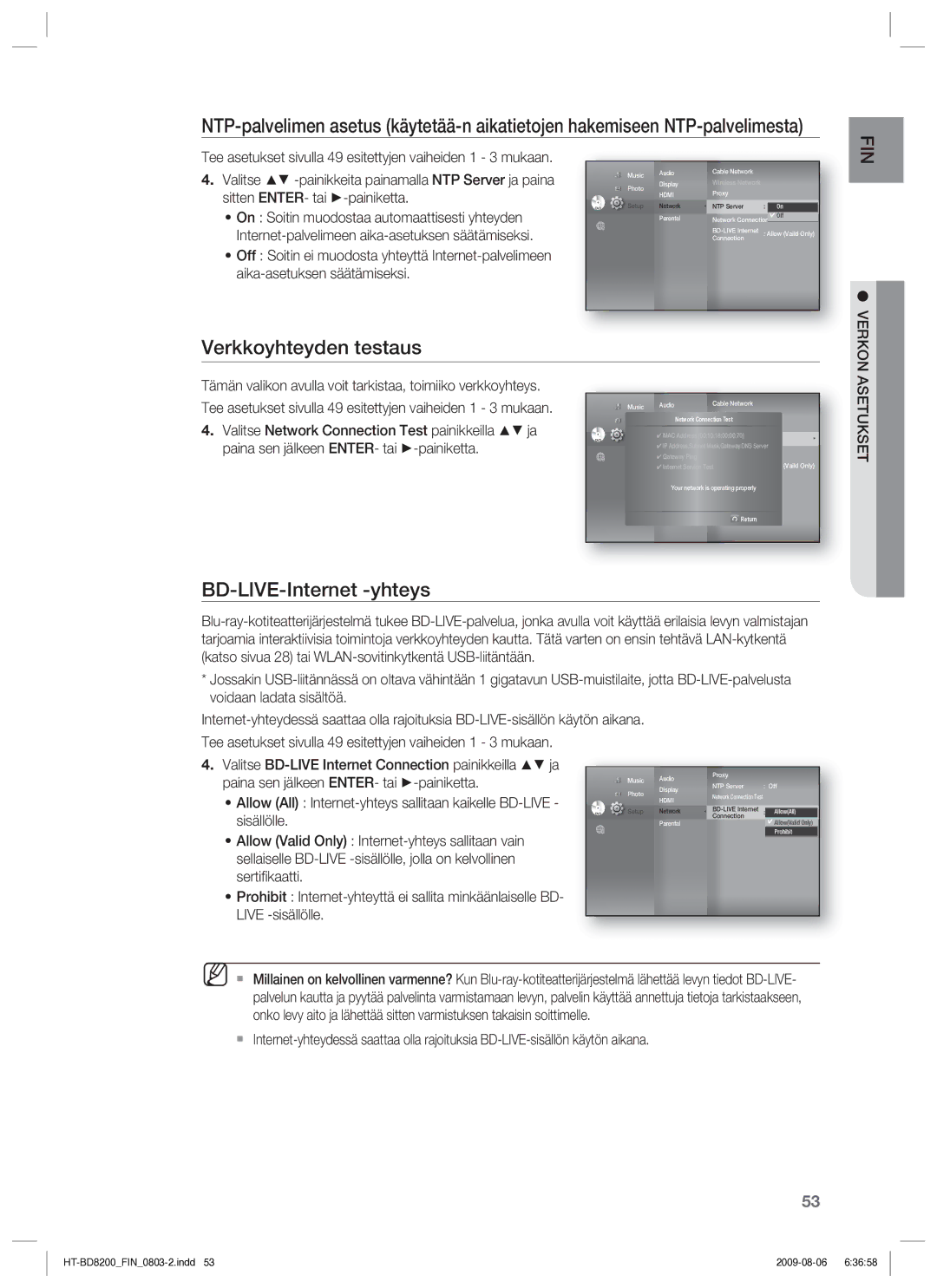 Samsung HT-BD8200T/XEE manual Verkkoyhteyden testaus, BD-LIVE-Internet -yhteys 