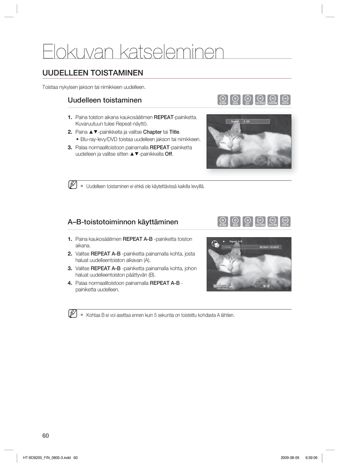 Samsung HT-BD8200T/XEE manual Uudelleen Toistaminen, Uudelleen toistaminen, Toistotoiminnon käyttäminen 