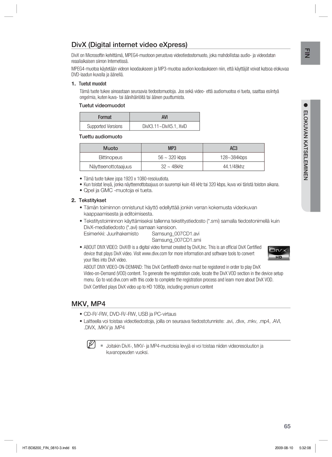 Samsung HT-BD8200T/XEE manual MKV, MP4 