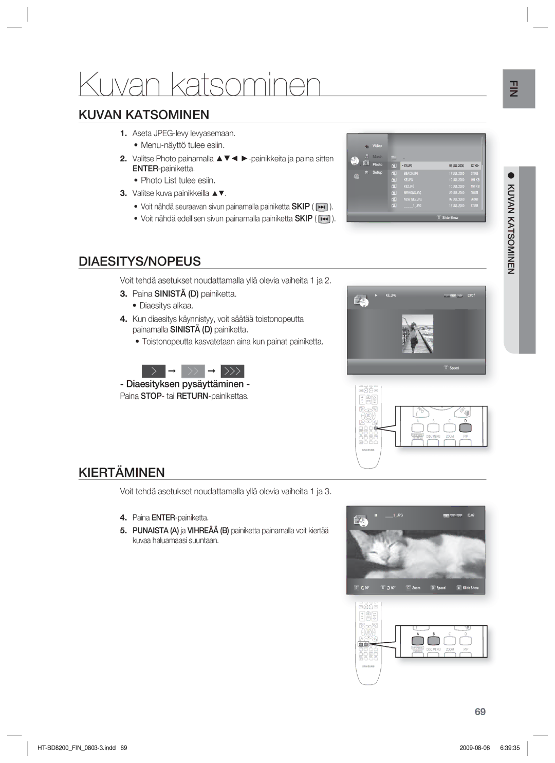 Samsung HT-BD8200T/XEE manual Kuvan katsominen, Kuvan Katsominen, Diaesitys/Nopeus, Kiertäminen, Diaesityksen pysäyttäminen 