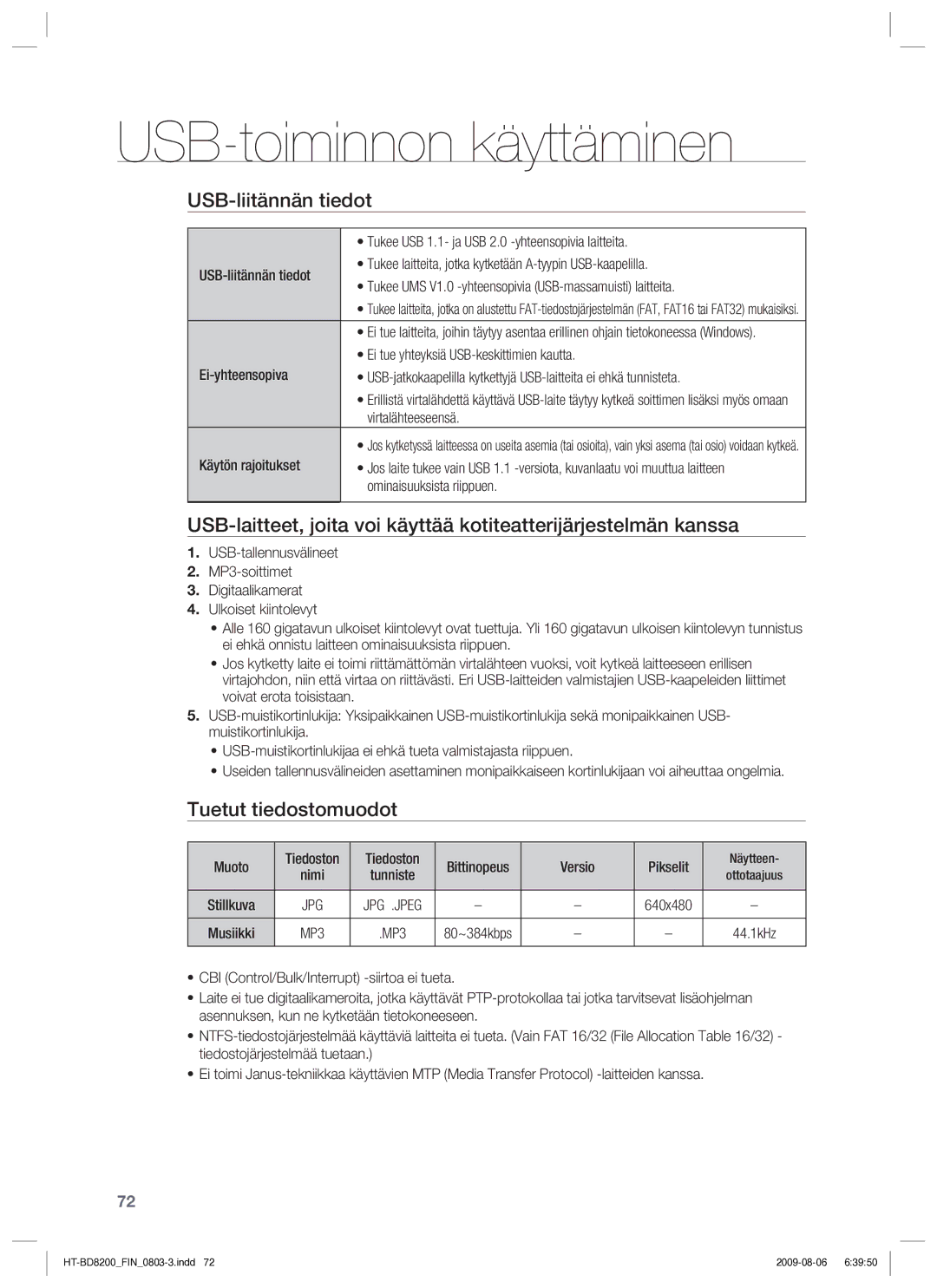 Samsung HT-BD8200T/XEE manual USB-liitännän tiedot, Tuetut tiedostomuodot 