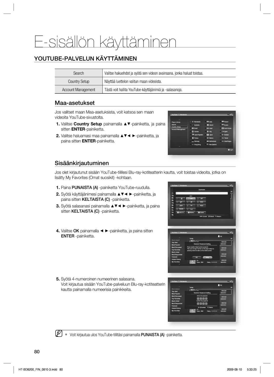 Samsung HT-BD8200T/XEE manual YOUTUBE-PALVELUN Käyttäminen 