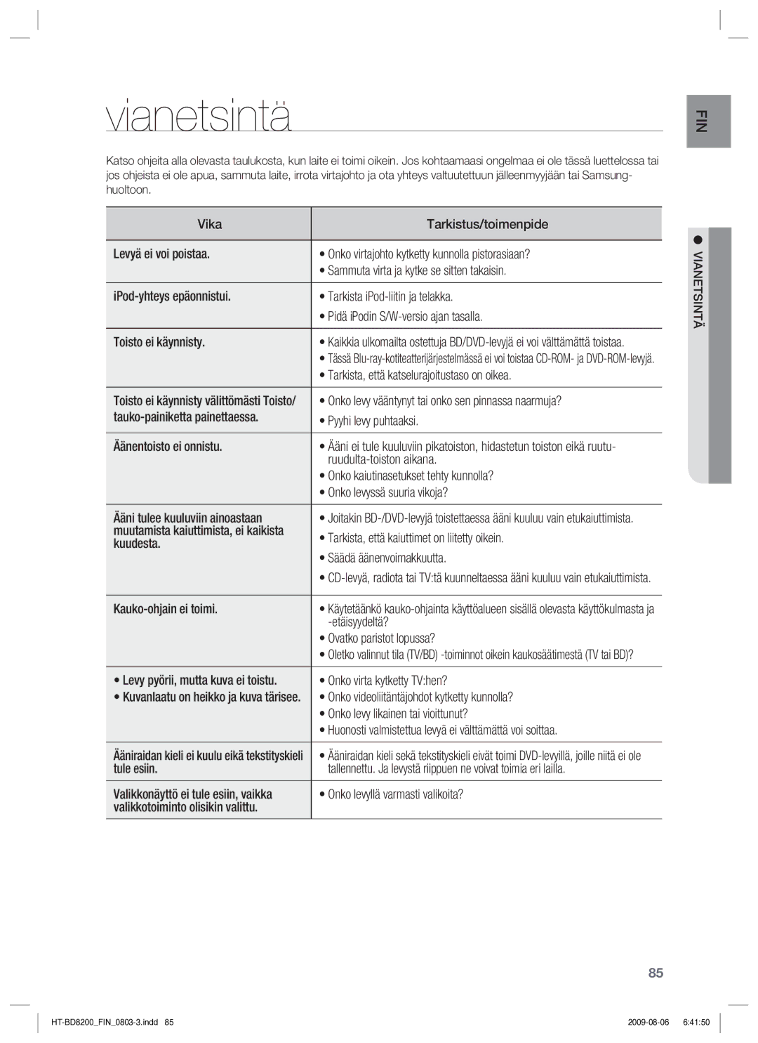 Samsung HT-BD8200T/XEE manual Vianetsintä 