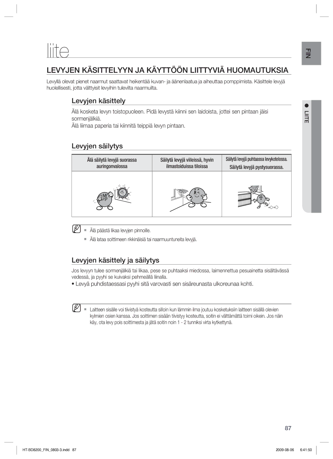 Samsung HT-BD8200T/XEE Liite, Levyjen Käsittelyyn JA Käyttöön Liittyviä Huomautuksia, Levyjen käsittely, Levyjen säilytys 