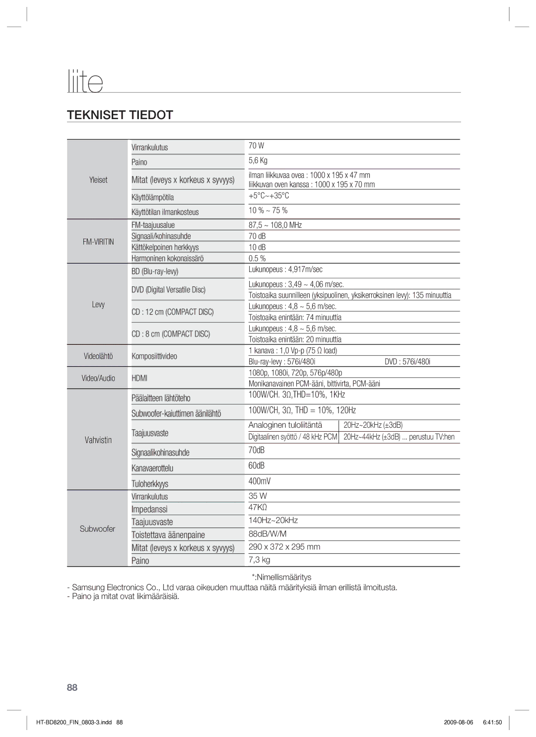 Samsung HT-BD8200T/XEE manual Tekniset Tiedot 