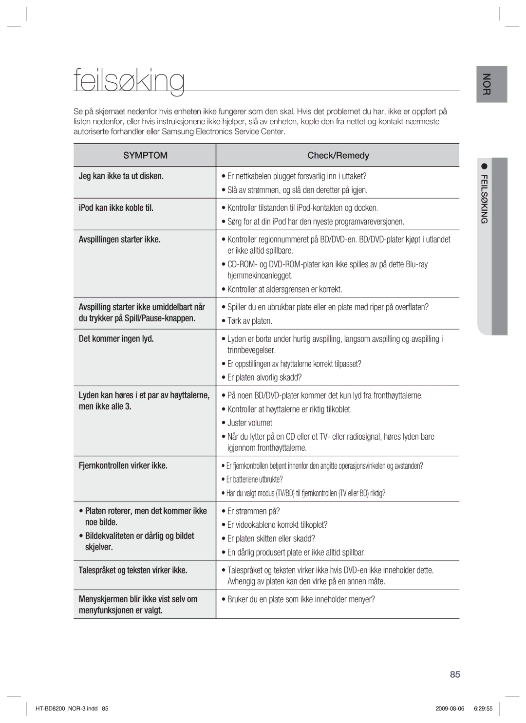 Samsung HT-BD8200T/XEE manual Feilsøking 