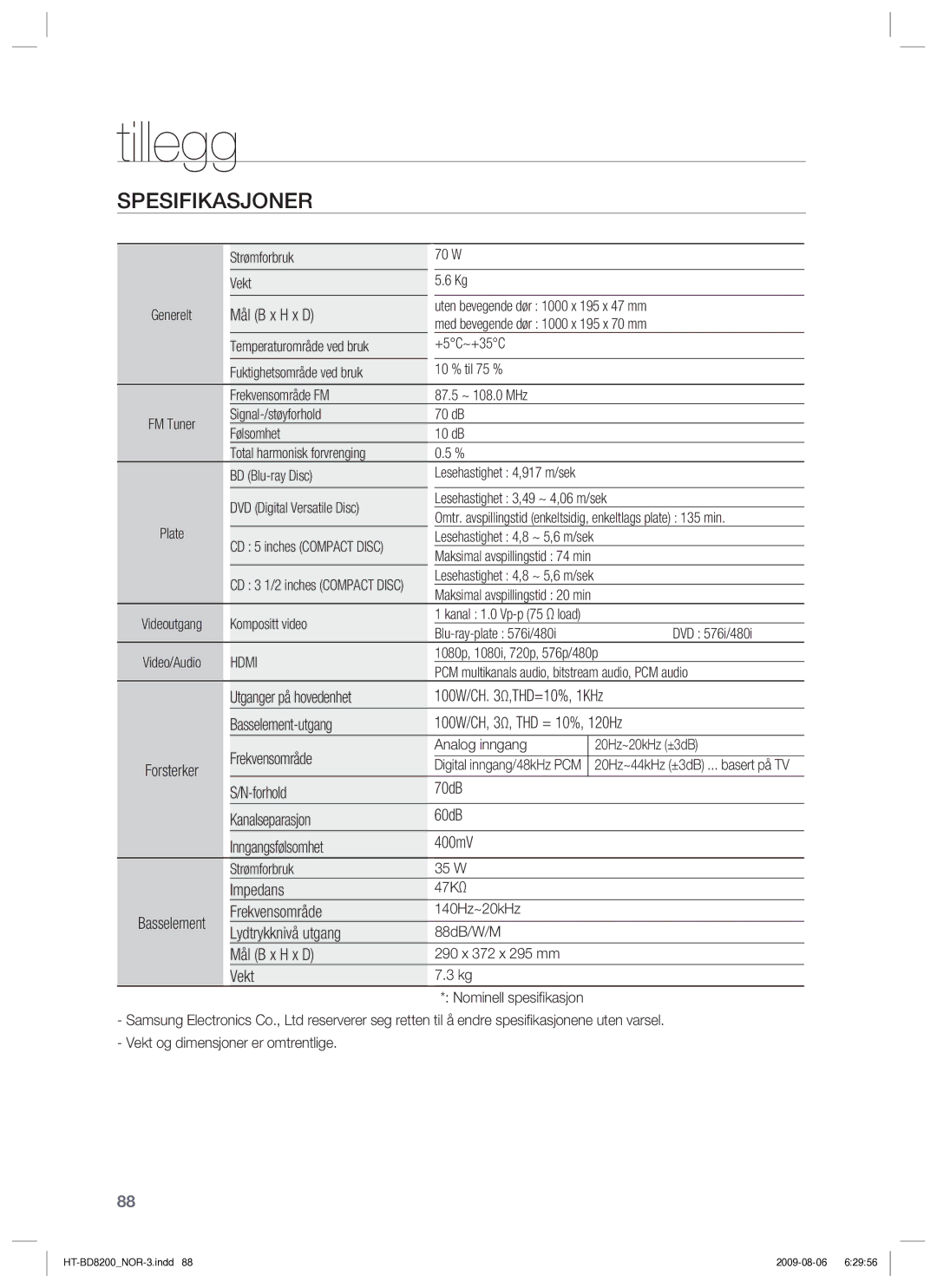 Samsung HT-BD8200T/XEE manual Spesifikasjoner 