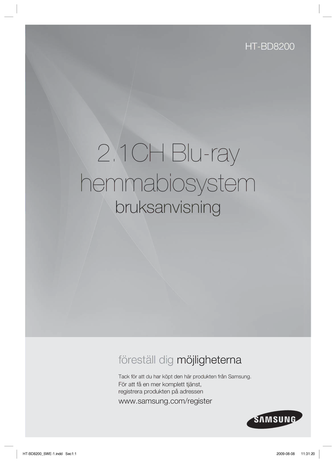 Samsung HT-BD8200T/XEE manual 1CH Blu-ray Hemmabiosystem, Tack för att du har köpt den här produkten från Samsung 