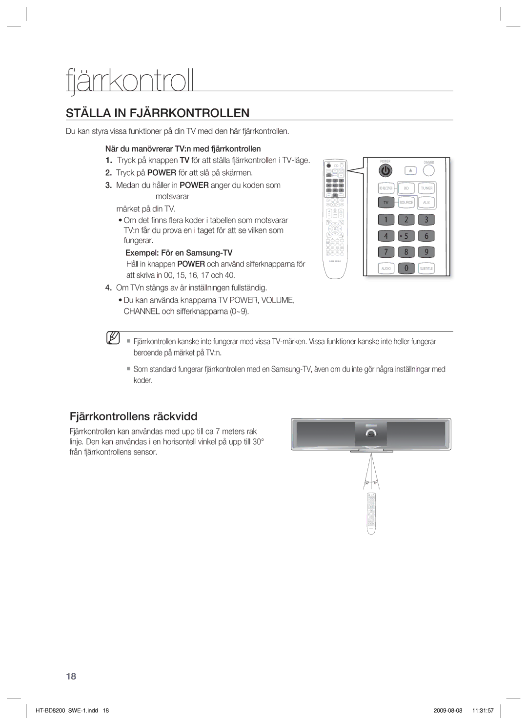 Samsung HT-BD8200T/XEE Ställa in Fjärrkontrollen, Fjärrkontrollens räckvidd, Om TVn stängs av är inställningen fullständig 