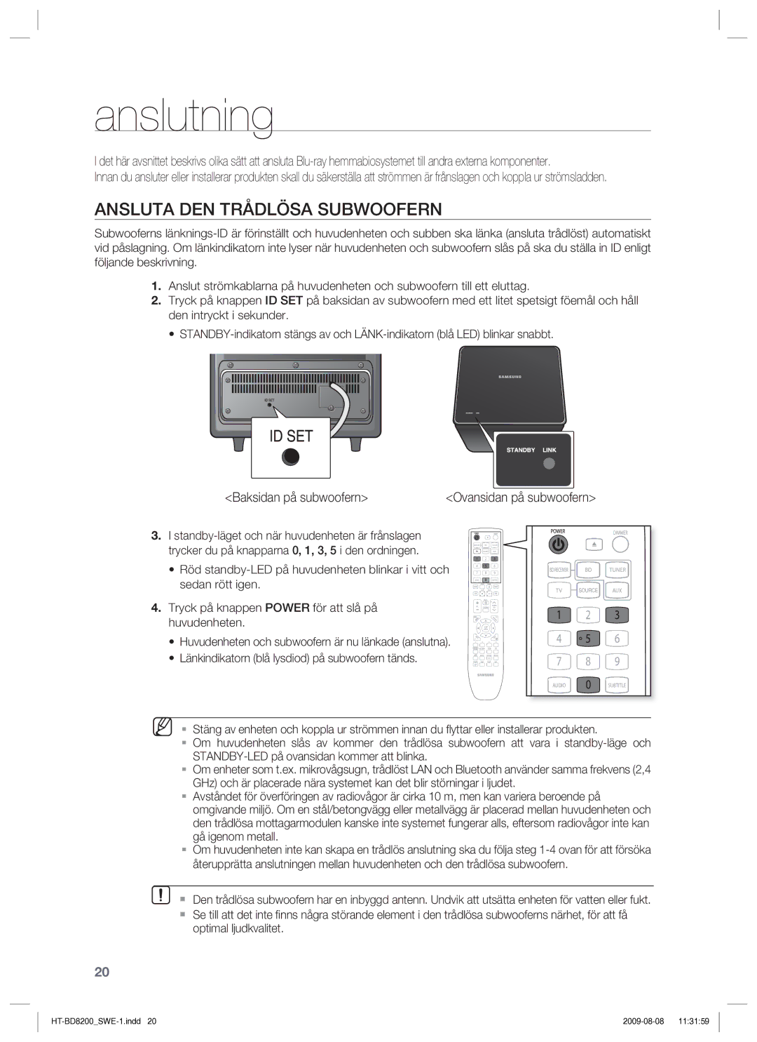 Samsung HT-BD8200T/XEE manual Anslutning, Ansluta DEN Trådlösa Subwoofern, Baksidan på subwoofern 