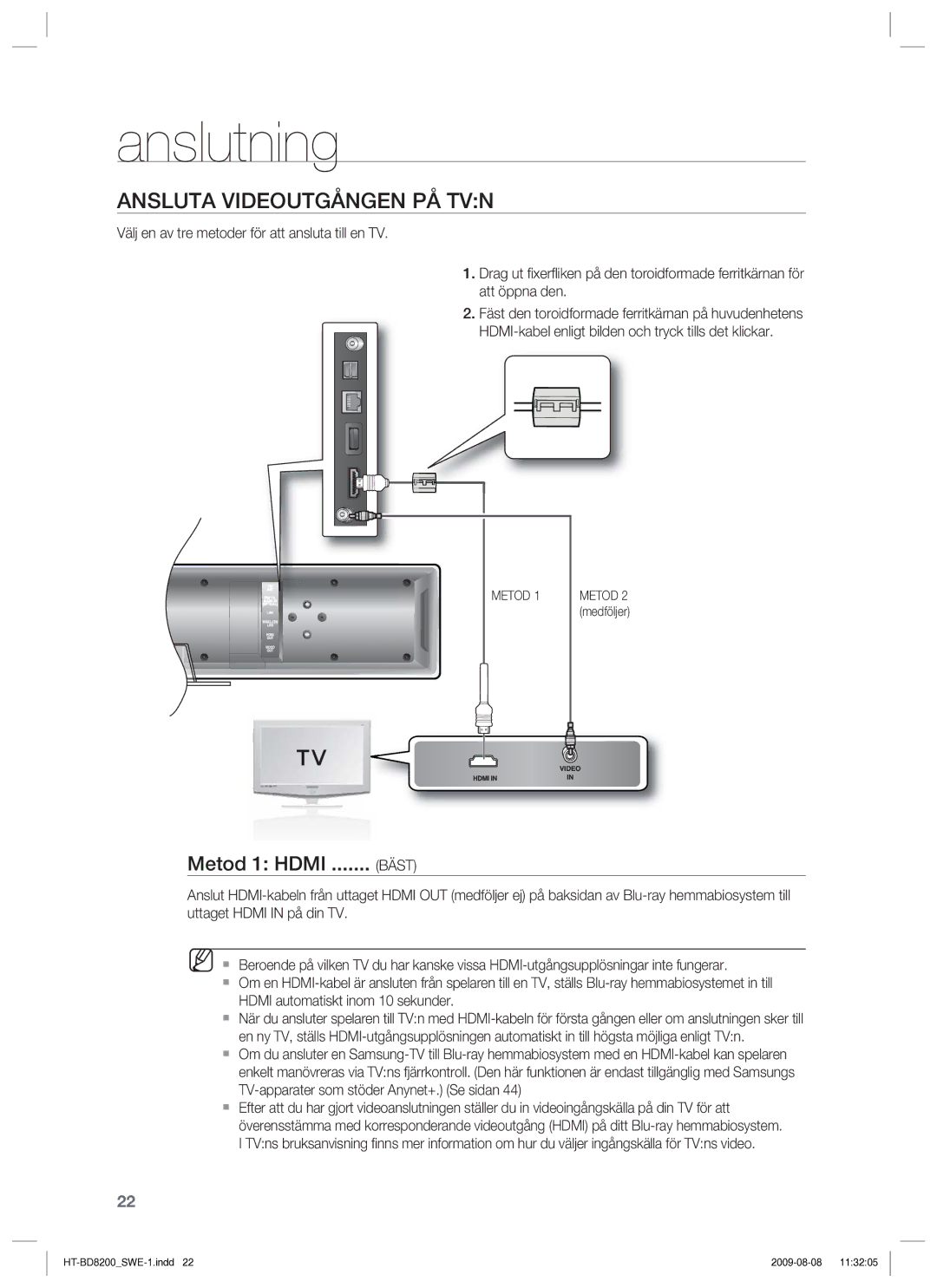 Samsung HT-BD8200T/XEE manual Ansluta Videoutgången PÅ TVN, Metod 1 Hdmi, Bäst 