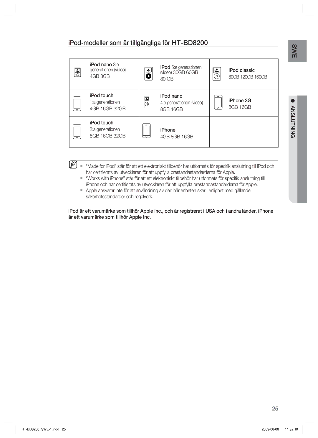 Samsung HT-BD8200T/XEE manual IPod-modeller som är tillgängliga för HT-BD8200, IPod nano 3e, 4GB 8GB 