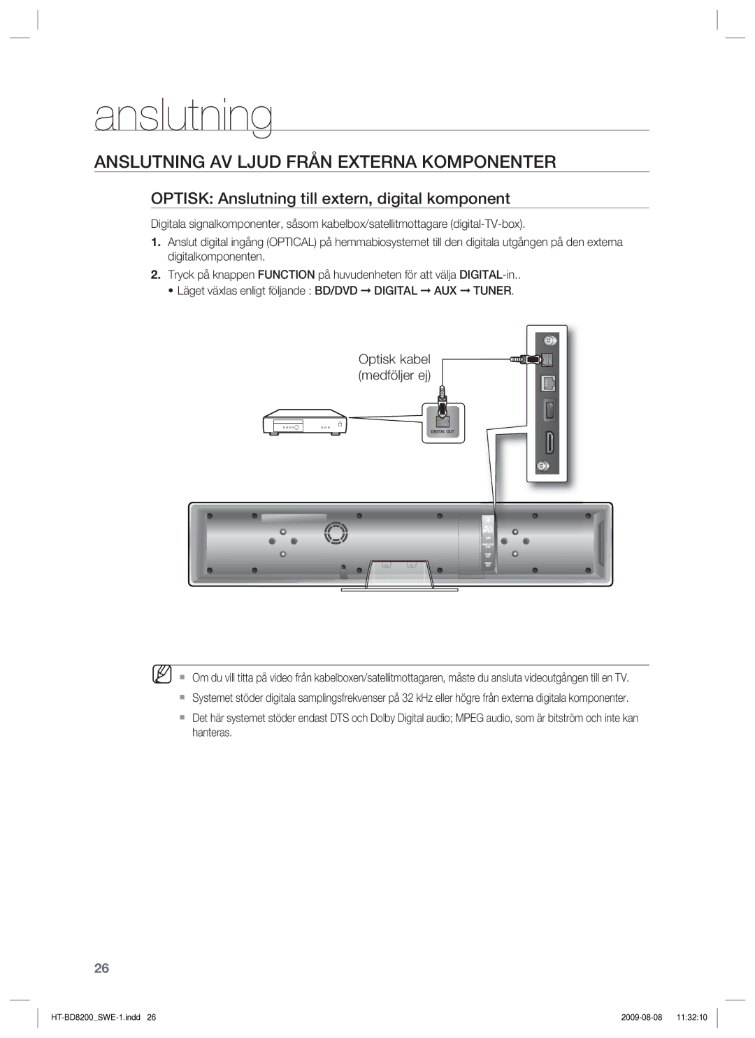 Samsung HT-BD8200T/XEE manual Anslutning AV Ljud Från Externa Komponenter, Optisk Anslutning till extern, digital komponent 