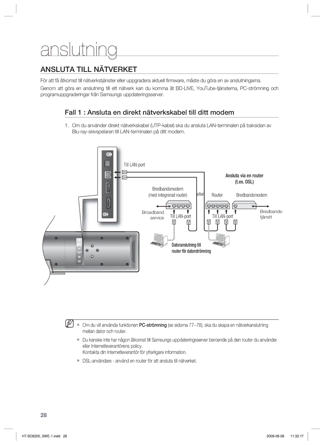 Samsung HT-BD8200T/XEE manual Ansluta Till Nätverket, Fall 1 Ansluta en direkt nätverkskabel till ditt modem, Ex. DSL 