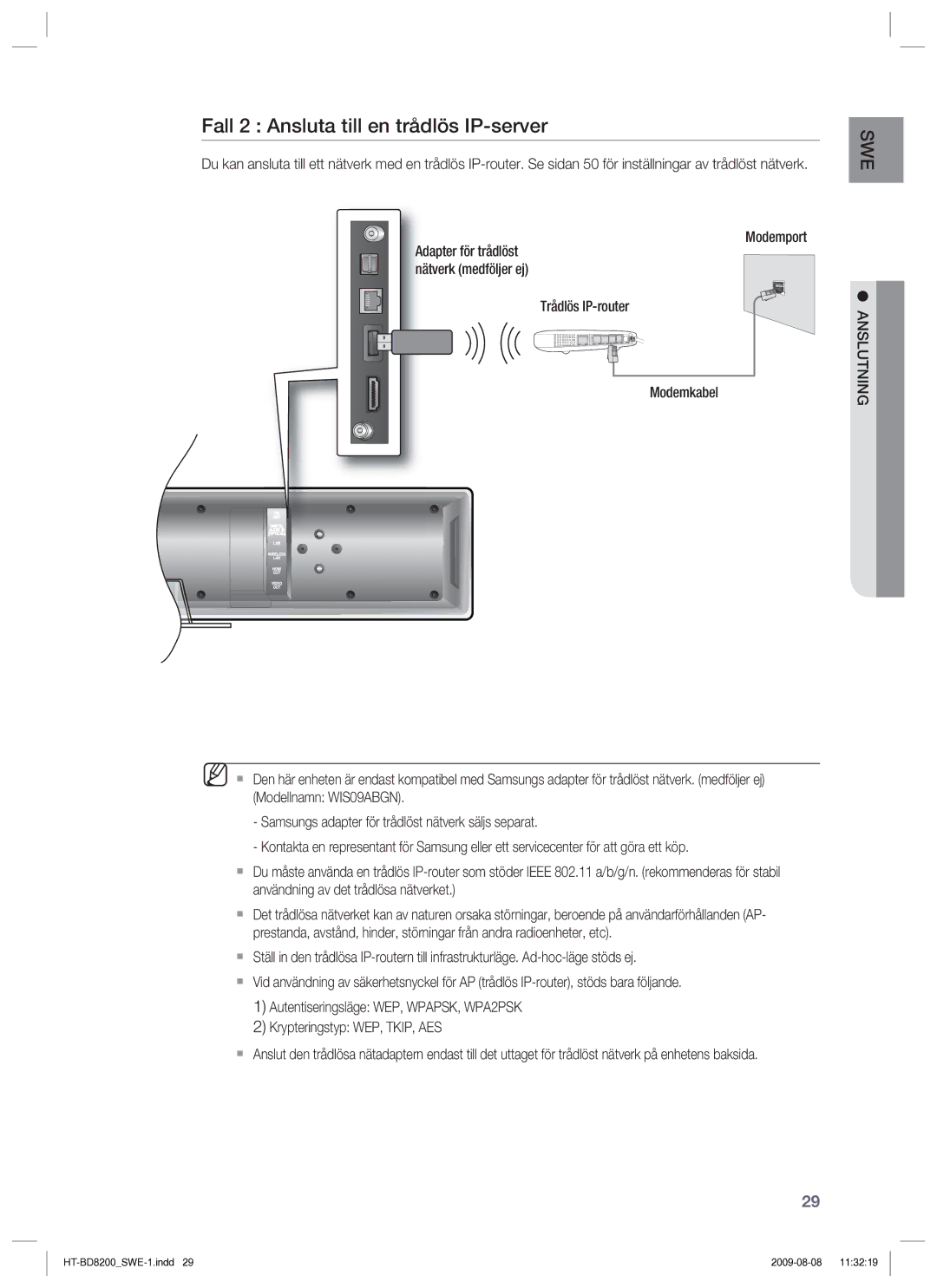 Samsung HT-BD8200T/XEE manual Fall 2 Ansluta till en trådlös IP-server, Modemport 
