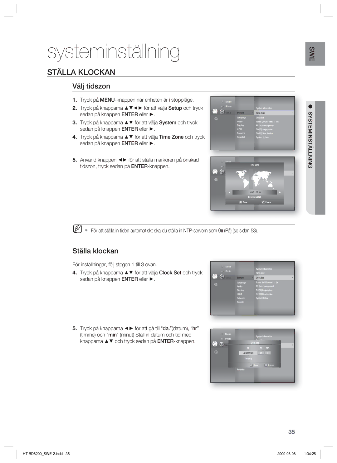 Samsung HT-BD8200T/XEE manual Systeminställning, Ställa Klockan, Välj tidszon, Ställa klockan 