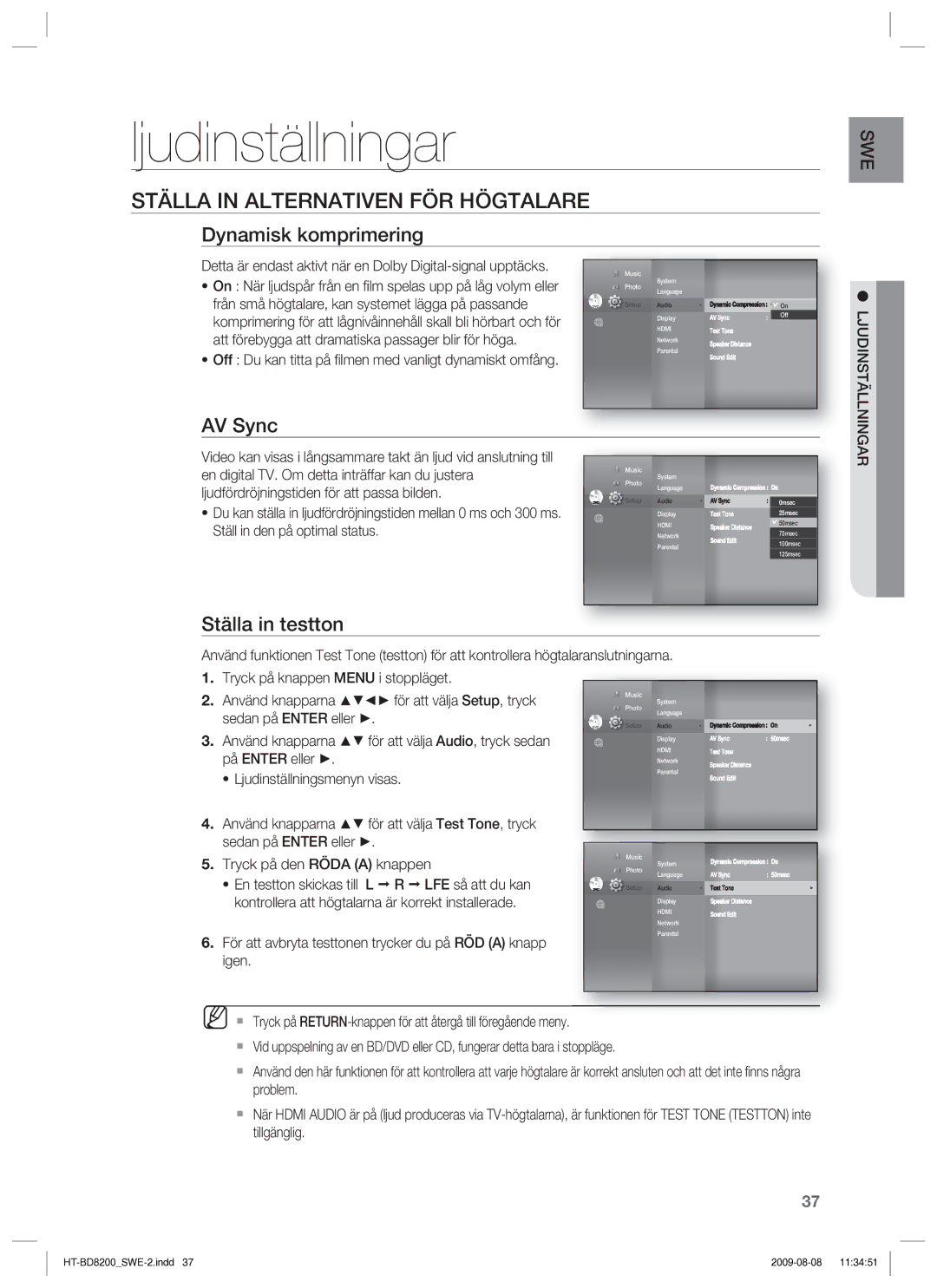 Samsung HT-BD8200T/XEE manual Ljudinställningar, Ställa in Alternativen FÖR Högtalare, Dynamisk komprimering, AV Sync 