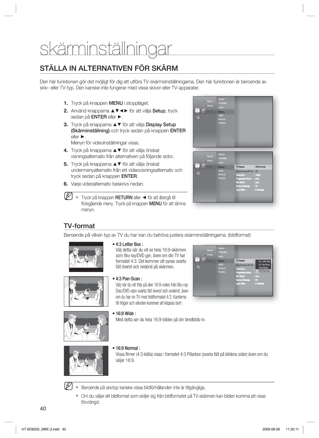 Samsung HT-BD8200T/XEE manual Skärminställningar, Ställa in Alternativen FÖR Skärm, TV-format, Pan-Scan, Väljer 