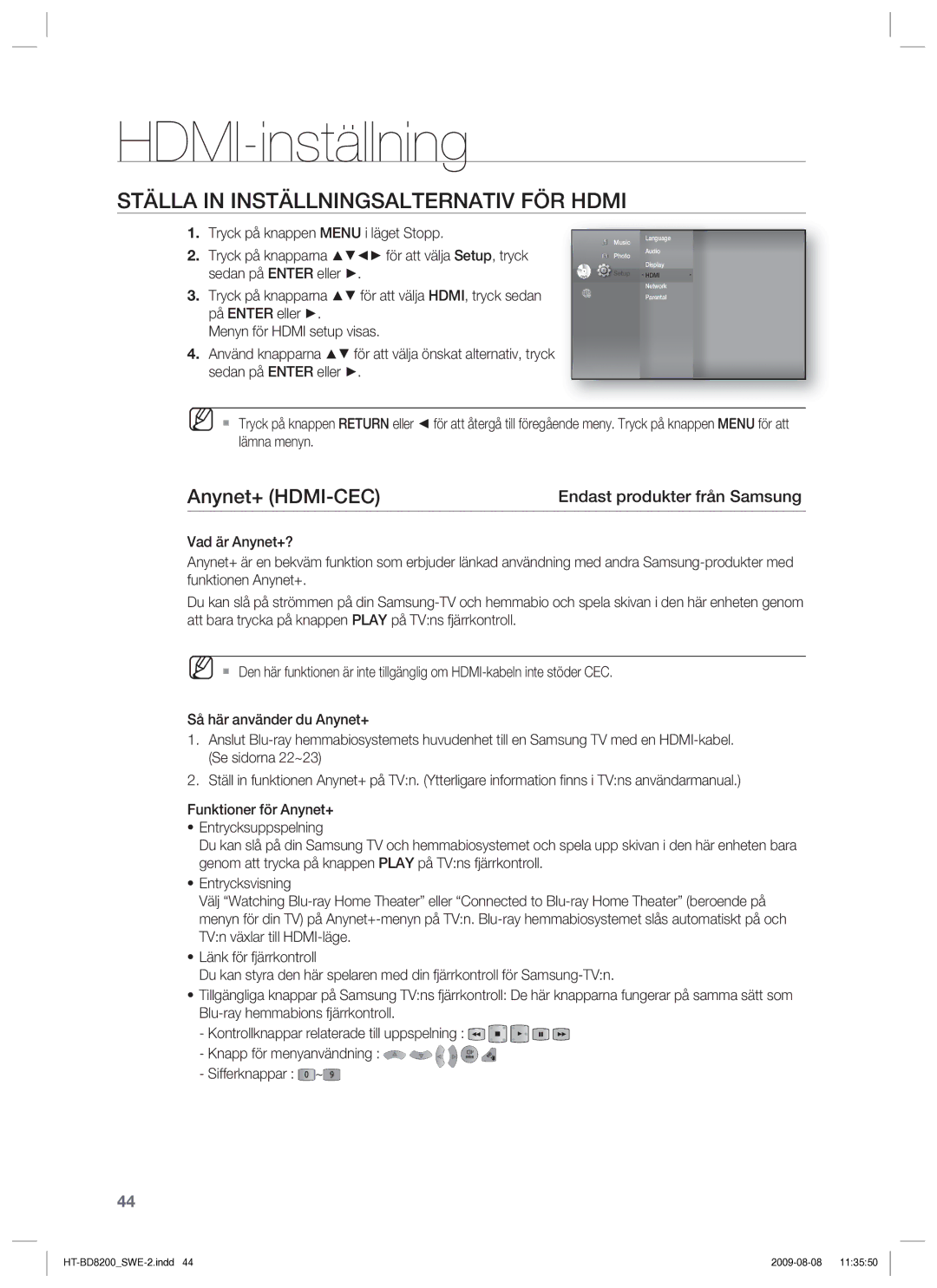 Samsung HT-BD8200T/XEE manual HDMI-inställning, Ställa in Inställningsalternativ FÖR Hdmi, Anynet+ HDMI-CEC 