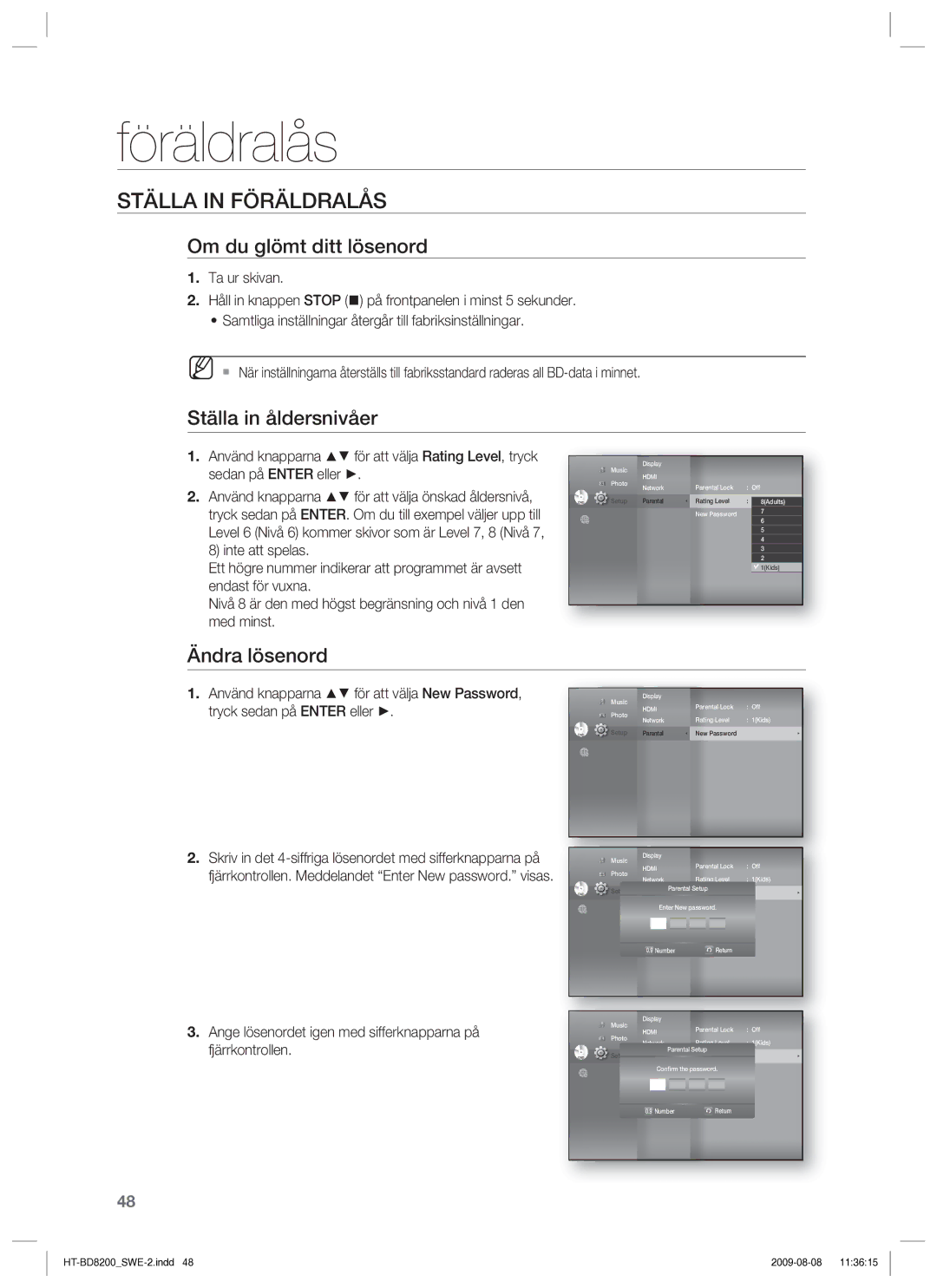 Samsung HT-BD8200T/XEE manual Om du glömt ditt lösenord, Ställa in åldersnivåer, Ändra lösenord 