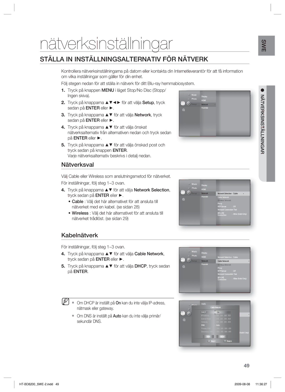 Samsung HT-BD8200T/XEE Nätverksinställningar, Ställa in Inställningsalternativ FÖR Nätverk, Nätverksval, Kabelnätverk 