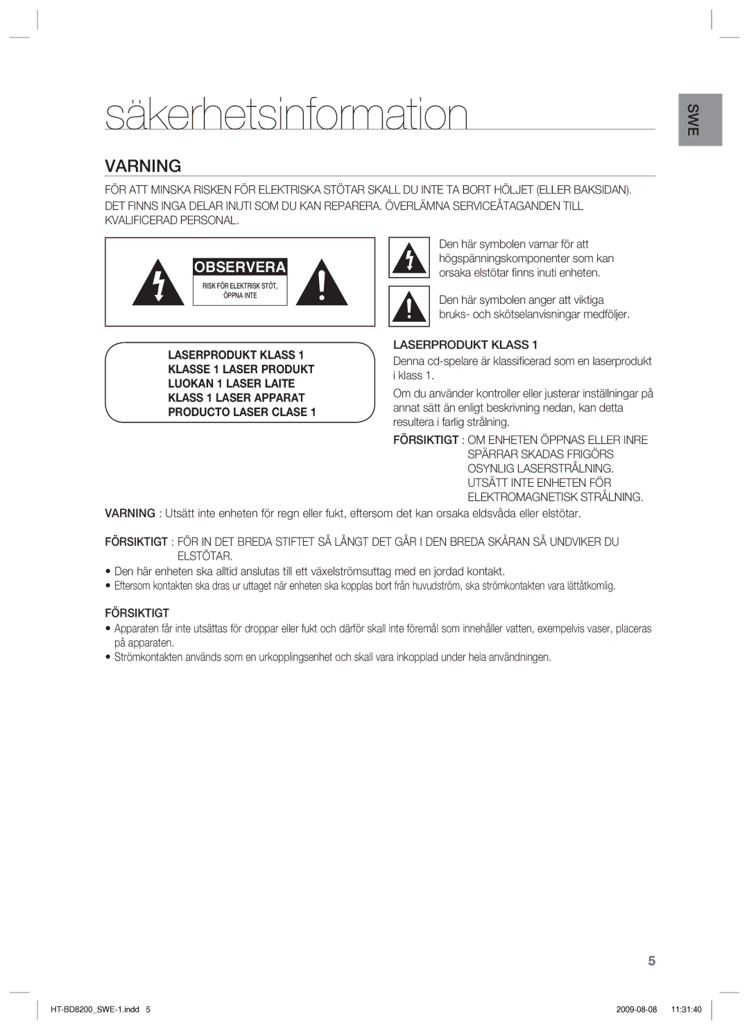 Samsung HT-BD8200T/XEE manual Säkerhetsinformation, Varning, Laserprodukt Klass, Försiktigt 