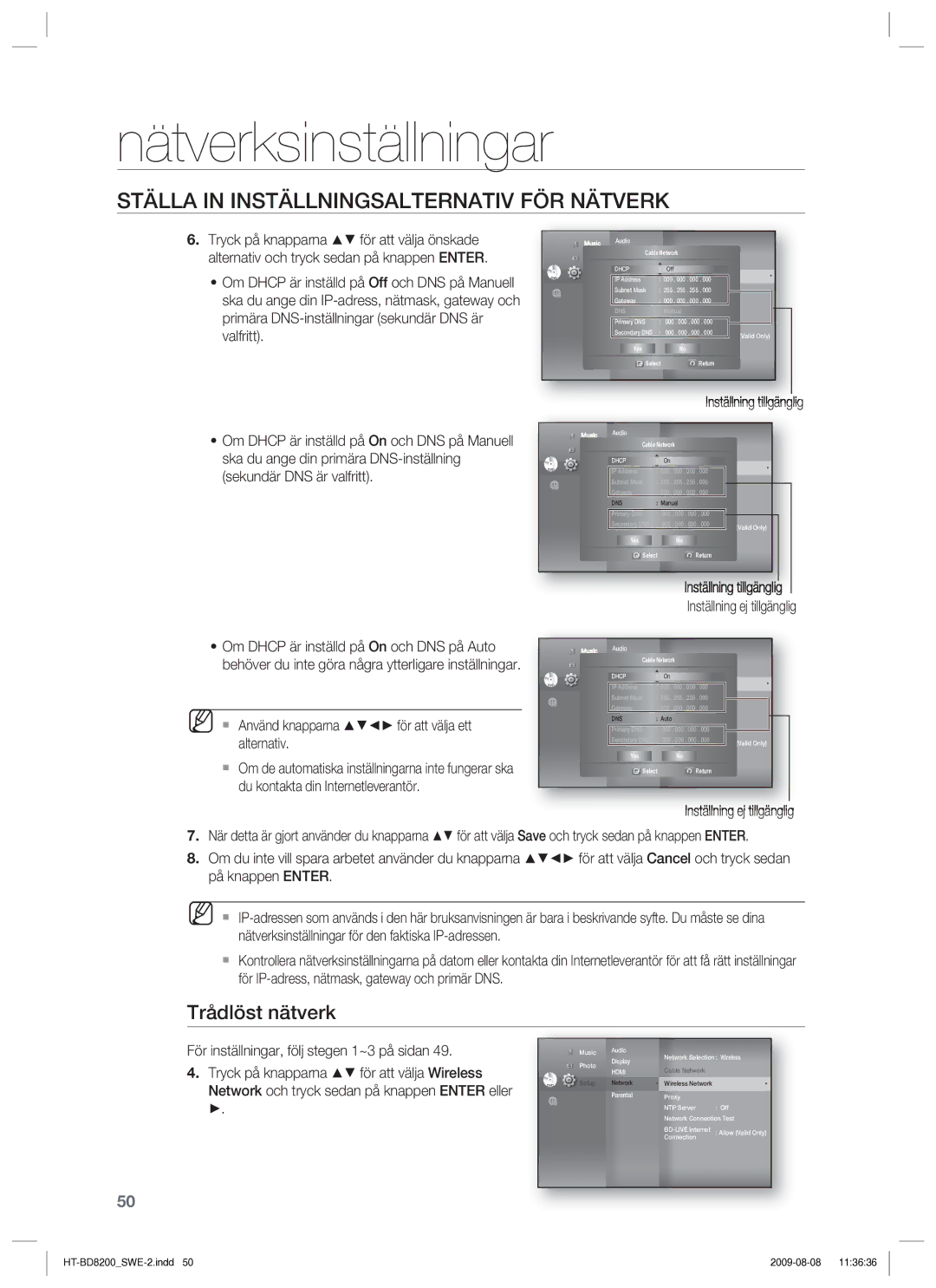 Samsung HT-BD8200T/XEE manual Trådlöst nätverk, Behöver du inte göra några ytterligare inställningar, Alternativ 