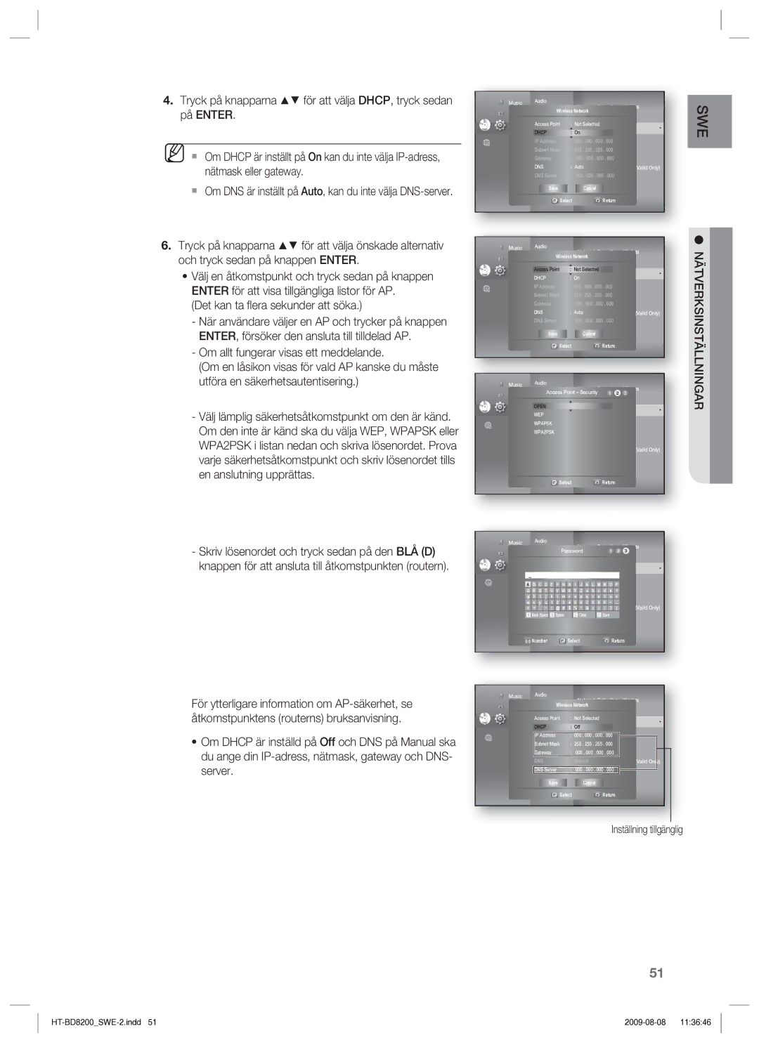 Samsung HT-BD8200T/XEE manual På Enter, Nätmask eller gateway, Det kan ta ﬂ era sekunder att söka 