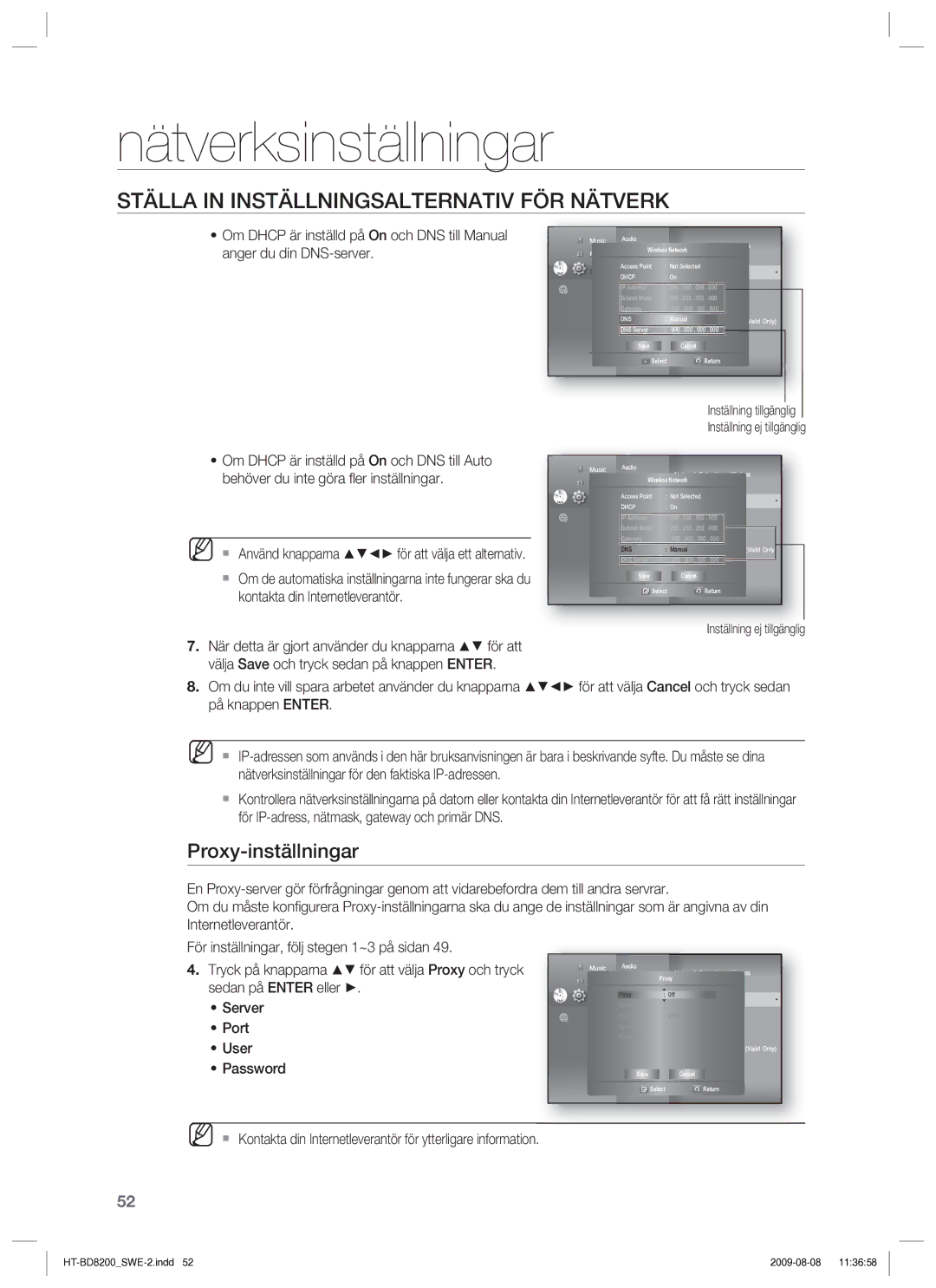 Samsung HT-BD8200T/XEE manual Proxy-inställningar 