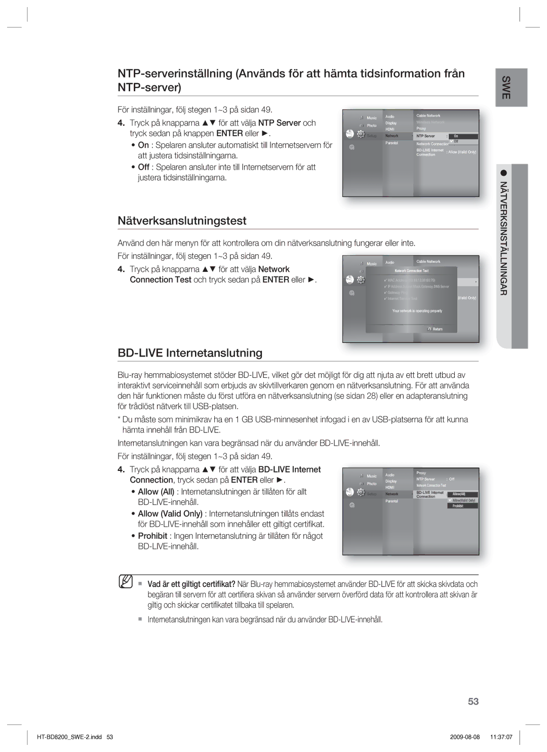 Samsung HT-BD8200T/XEE manual Nätverksanslutningstest, BD-LIVE Internetanslutning 