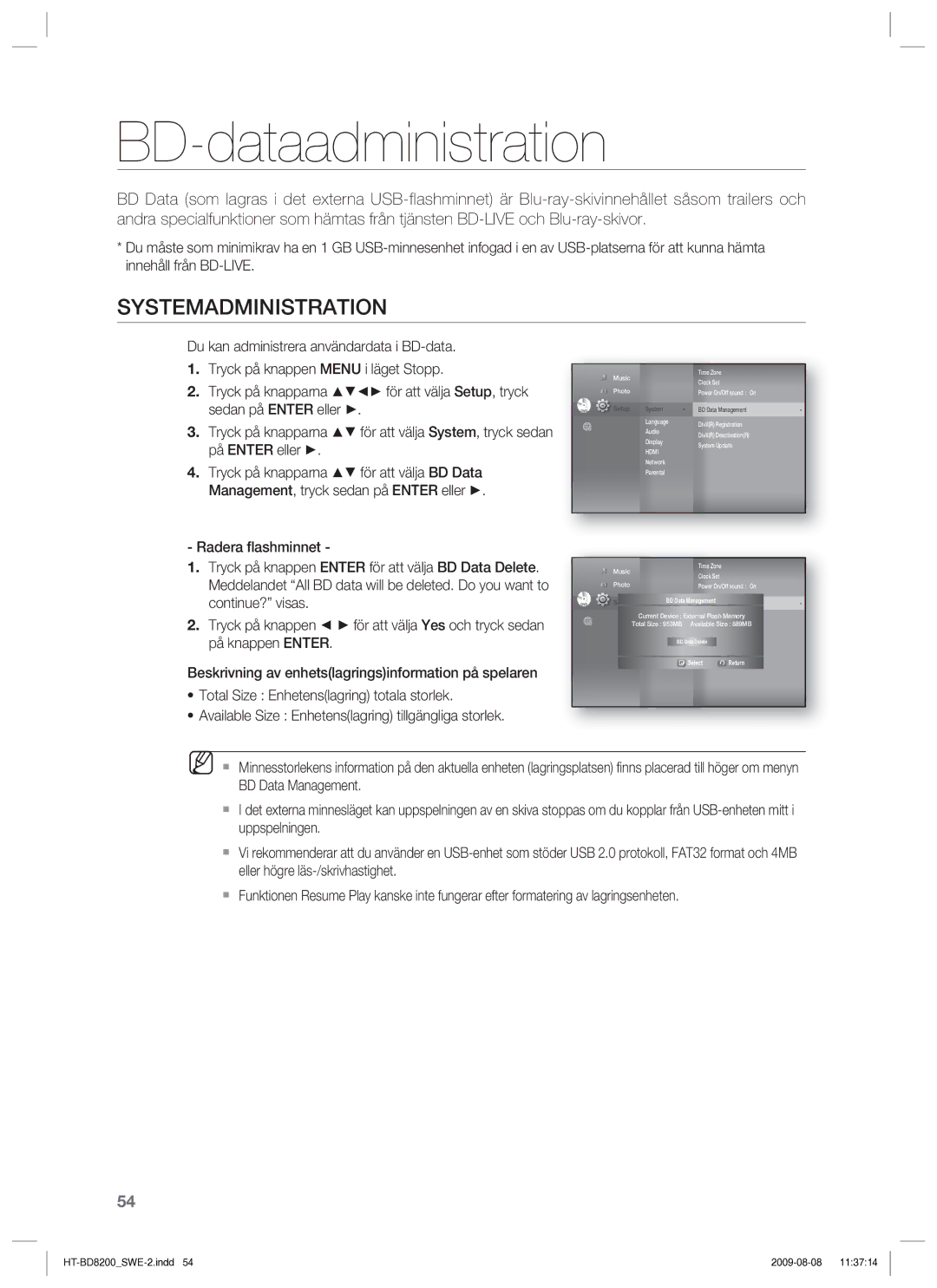 Samsung HT-BD8200T/XEE manual BD-dataadministration, Systemadministration 