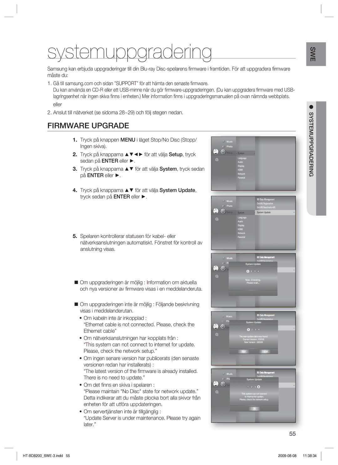 Samsung HT-BD8200T/XEE manual Systemuppgradering, Firmware Upgrade, Spelaren kontrollerar statusen för kabel- eller 