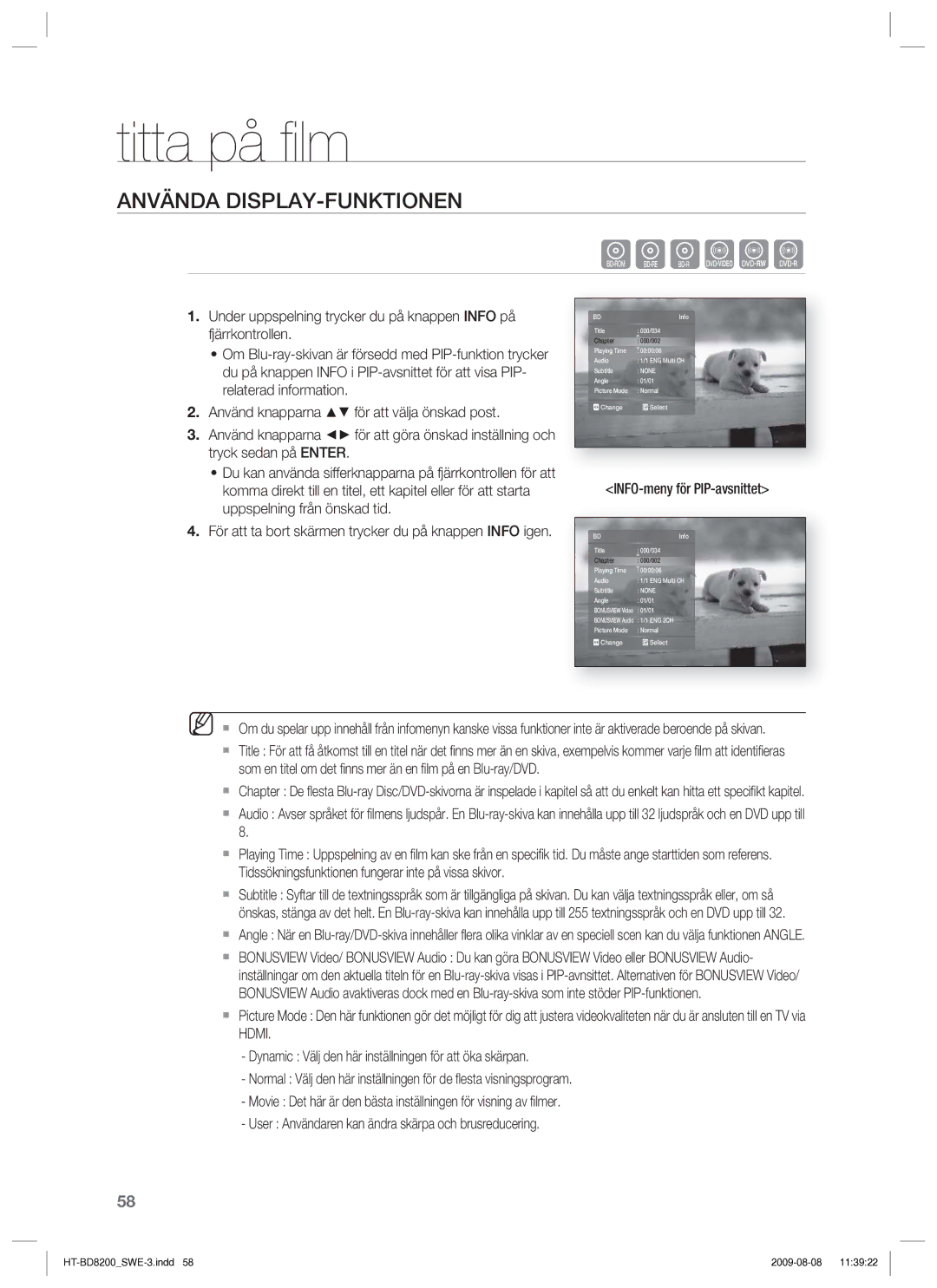 Samsung HT-BD8200T/XEE manual Titta på ﬁ lm, Använda DISPLAY-FUNKTIONEN, INFO-meny för PIP-avsnittet 