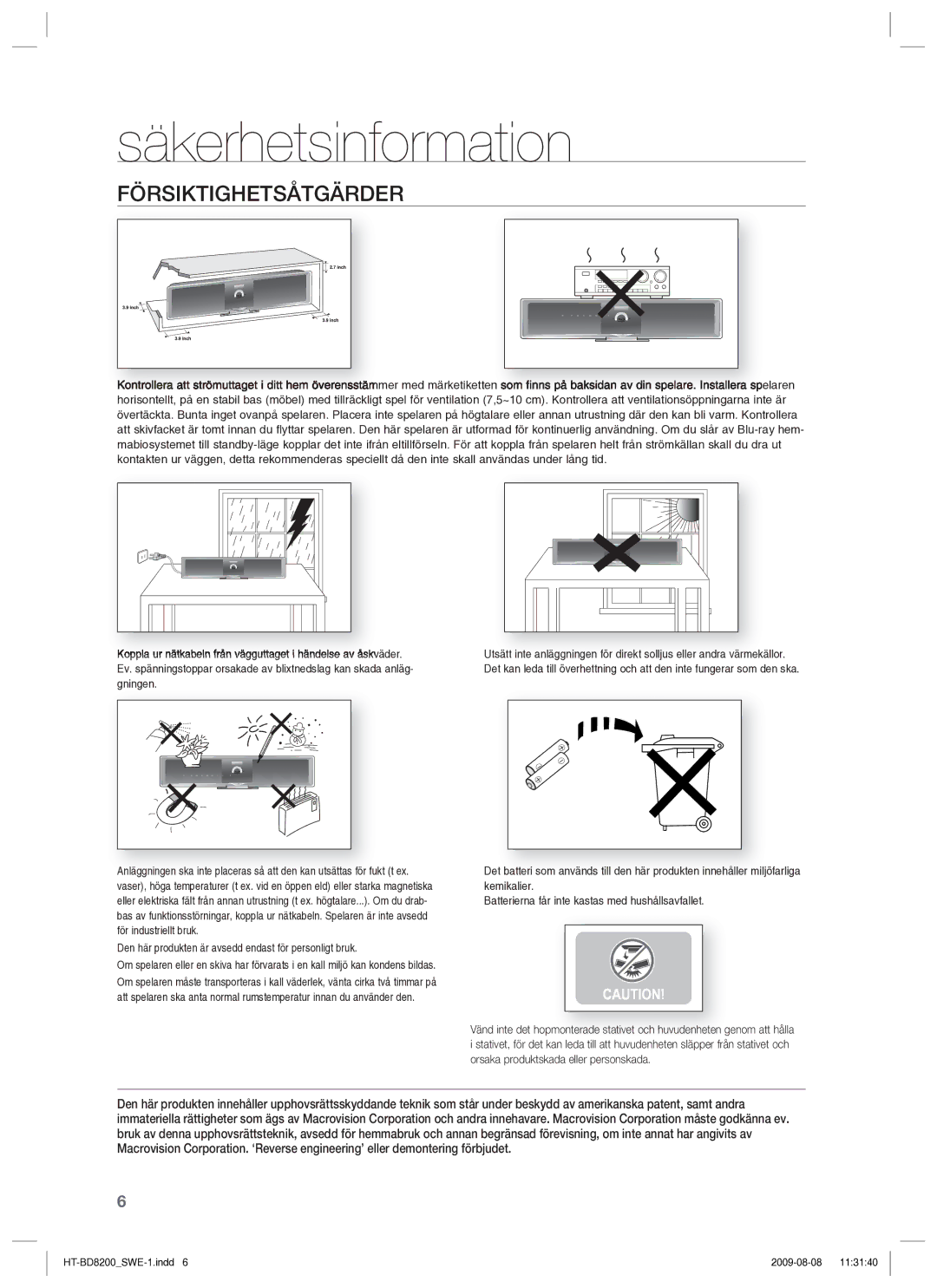 Samsung HT-BD8200T/XEE manual Försiktighetsåtgärder, Den här produkten är avsedd endast för personligt bruk 