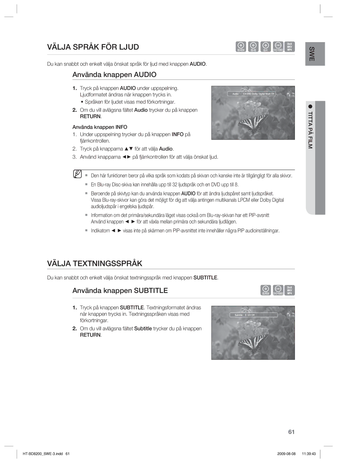 Samsung HT-BD8200T/XEE Välja Språk FÖR Ljud, Välja Textningsspråk, Använda knappen Audio, Använda knappen Subtitle, Return 