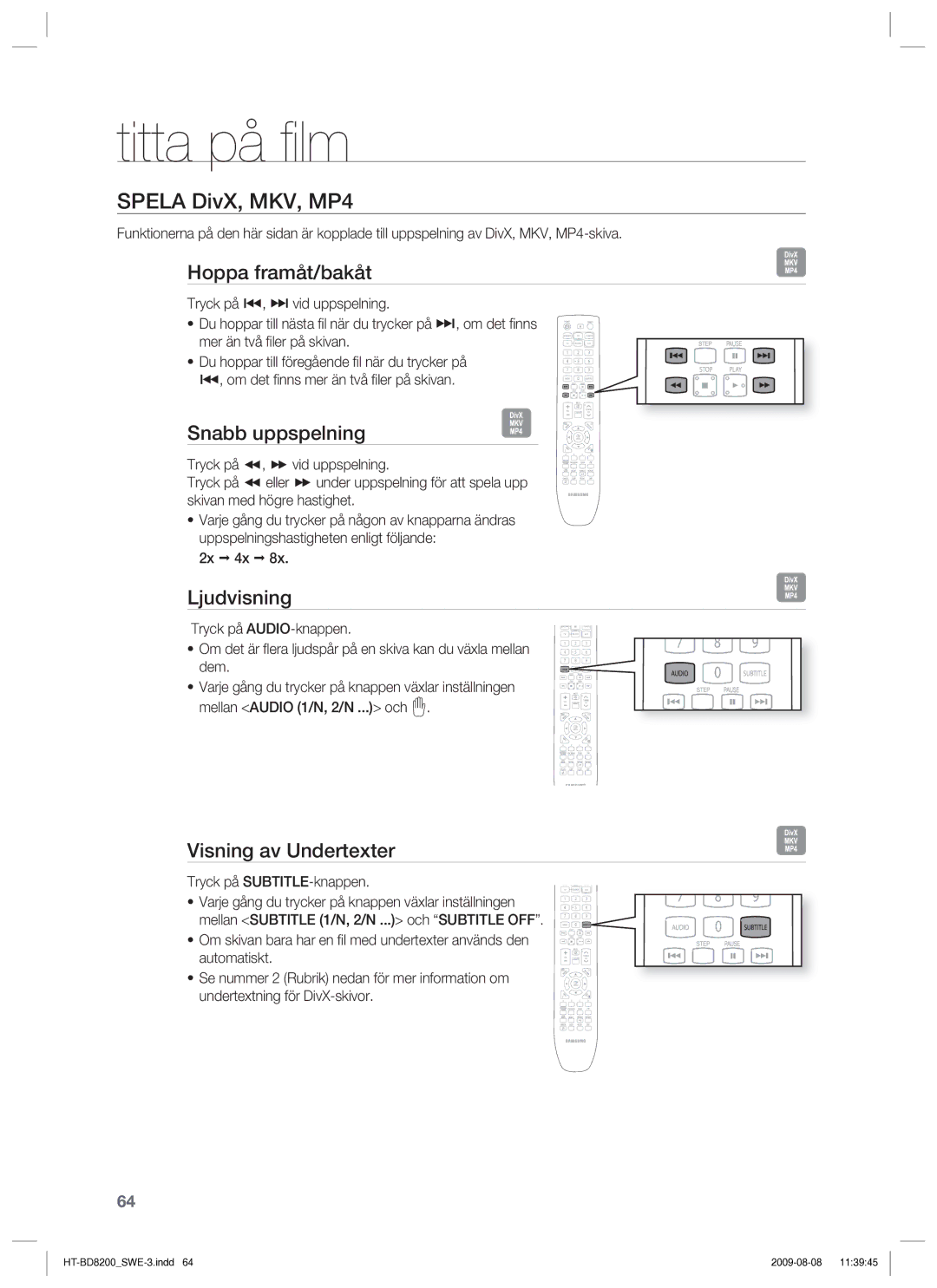 Samsung HT-BD8200T/XEE manual Hoppa framåt/bakåt, Snabb uppspelning, Ljudvisning, Visning av Undertexter 