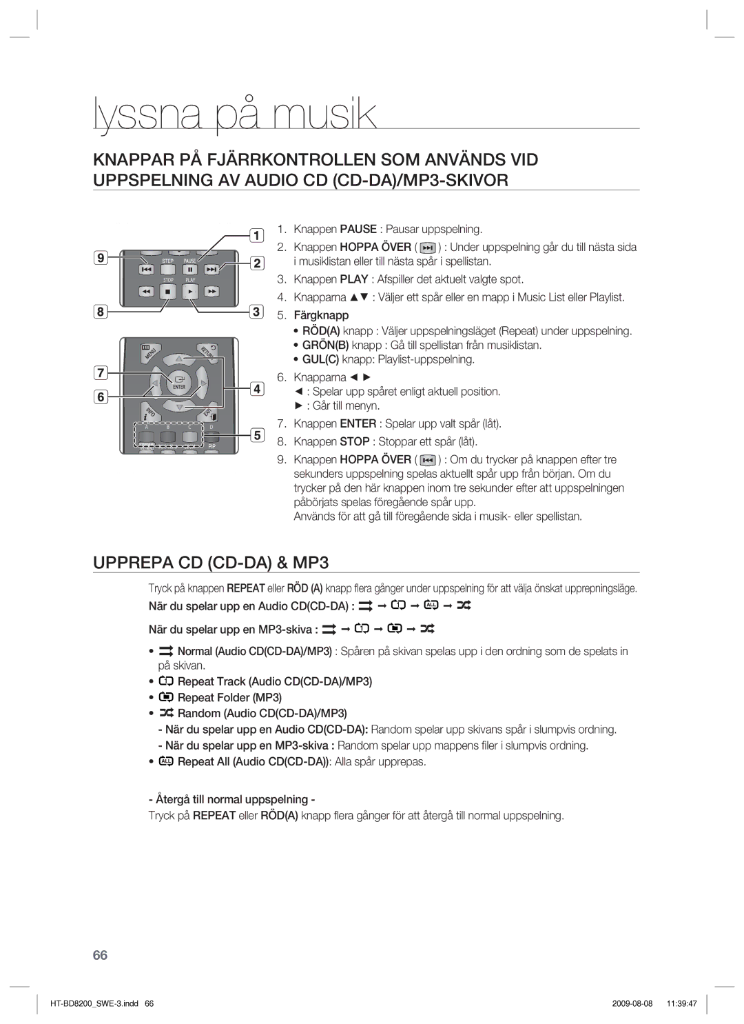 Samsung HT-BD8200T/XEE manual Lyssna på musik, Upprepa CD CD-DA & MP3 